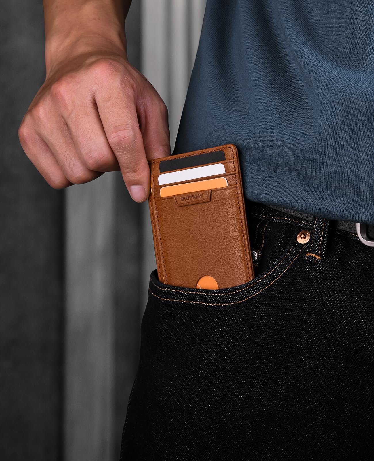 Buffway Slim Wallet for Men Women Minimalist Small Leather Front Pocket Wallets with RFID Blocking and Gifts Box - Bassa Brown