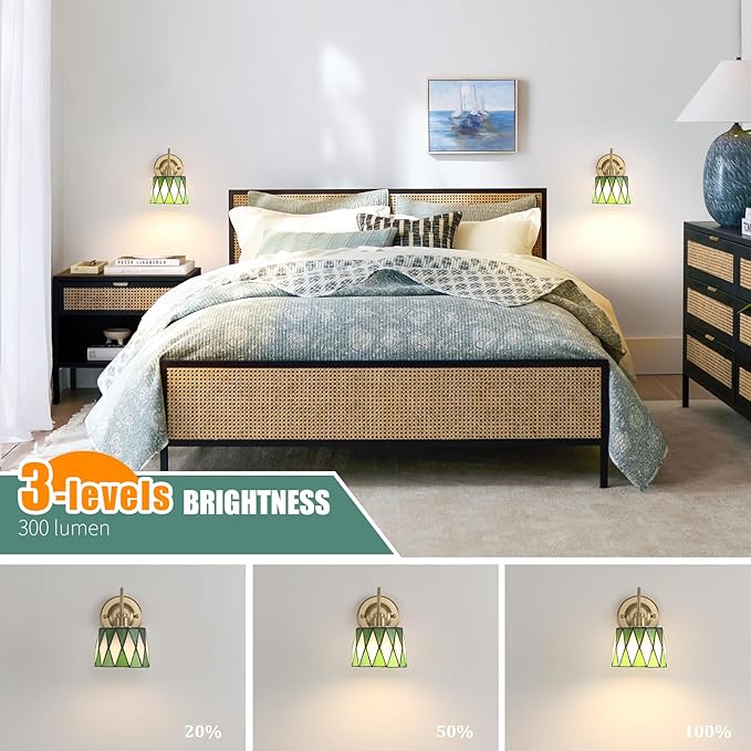 Vintage Battery Operated Wall Sconce with Remote, Rechargeable LED Wall Lamp 3 Colors Dimmable, Gold Wall Lights Fixture for Bedroom Bathroom Living Room Hallway Green Checker