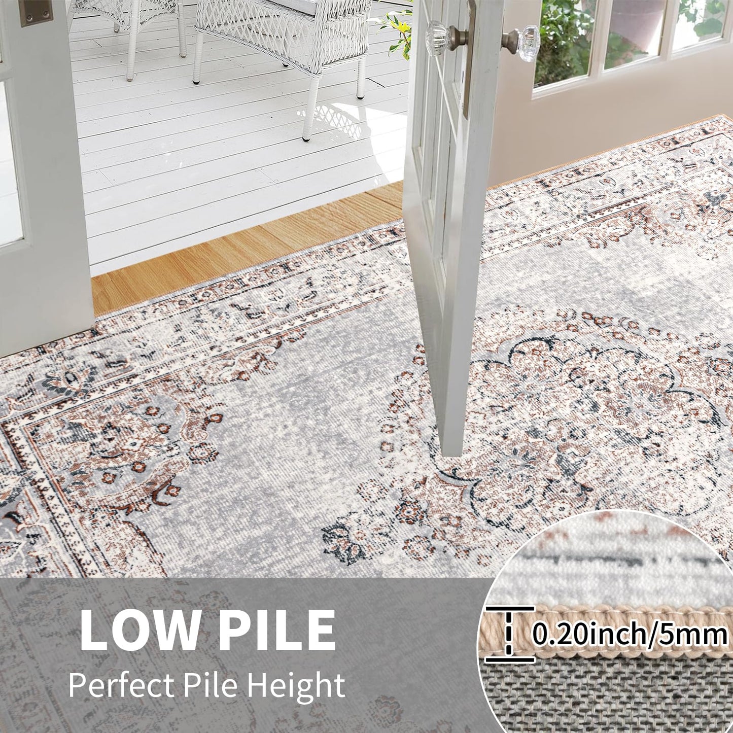 Easy-Going Area Rug 6x9 Washable Boho Rugs for Living Room Non-Slip Bedroom Rug Low Pile Lightweight Vintage Distressed Throw Rug for Dining Room Kitchen Home Office Carpet, Grey Brick
