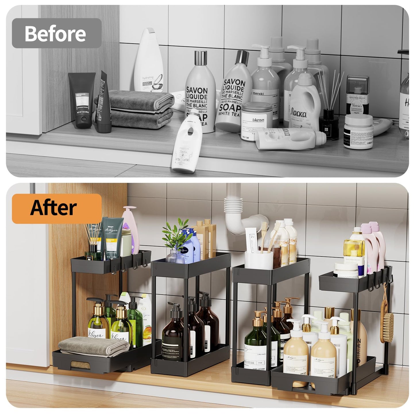 Delamu 2 Pack Under Sink Organizers and Storage, 2 Tier Pull Out Bathroom Cabinet Organizer, L-Shape Black Under Bathroom Kitchen Sink Organizer with Drawer for Under Sink Storage Organizer