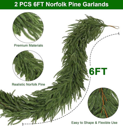 2PCS 6FT Christmas Norfolk Pine Garland, Realistic Greenery Artificial Garland for Indoor Outdoor Door Porch Fireplace Wall Staircase Holiday Christmas Decor