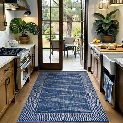 Jute Rug 3x5 Outdoor Patio Rug with Border, Washable Rugs for Entryway Porch, Farmhouse Non Slip Area Rugs with Rubber Backing, Non Shedding Carpet for Indoor Outdoor Bedroom, Courtyard, Blue