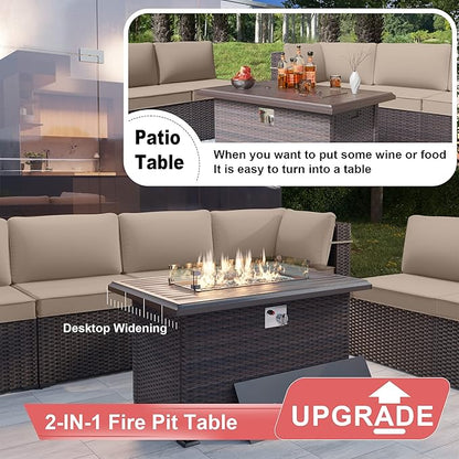 Kurapika 7 Pieces Patio Furniture Set, Rattan Outdoor Conversation Sets w/43in Propane Fire Pit Table and 4 Inch Cushion(Sand)