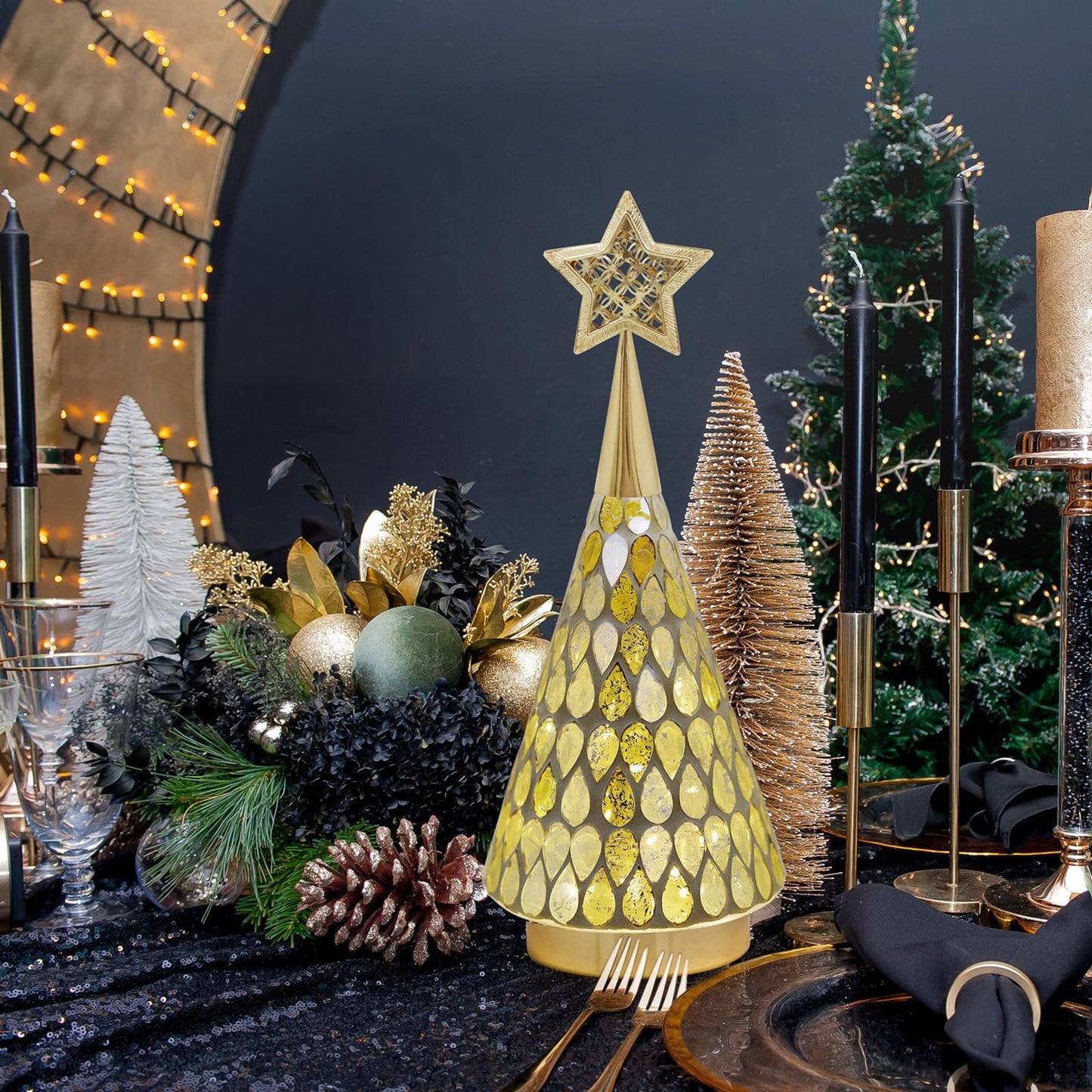 Mosaic Glass Christmas Tree Gold with Star, 3 PCS Small Tabletop Christmas Trees with Light, Battery Operated Xmas Tree for Bedroom Decor 11"