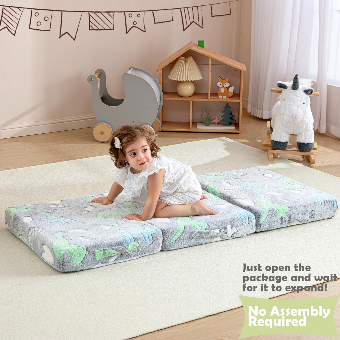 Kisdsa Foldable Floor Mattress for Kids,Folding Toddler Floor Nap Mat for Sleeping Daycare,Trifold Foam Mattress Floor Bed,Child Trifold Futon Sofa with Storage Bag,57''x23''(Glow Dino)