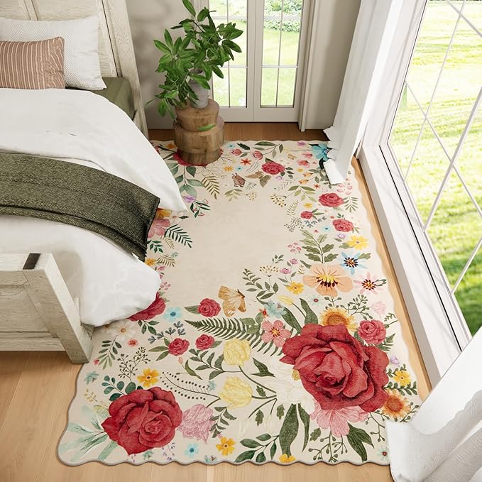 Washable Rugs for Living Room: 6x9 Area Rugs for Bedroom Soft Ultra Thin Stain Resistant Non Slip Low Pile Lightweight Vintage Floral Carpet for Dining Room Decor (Beige)
