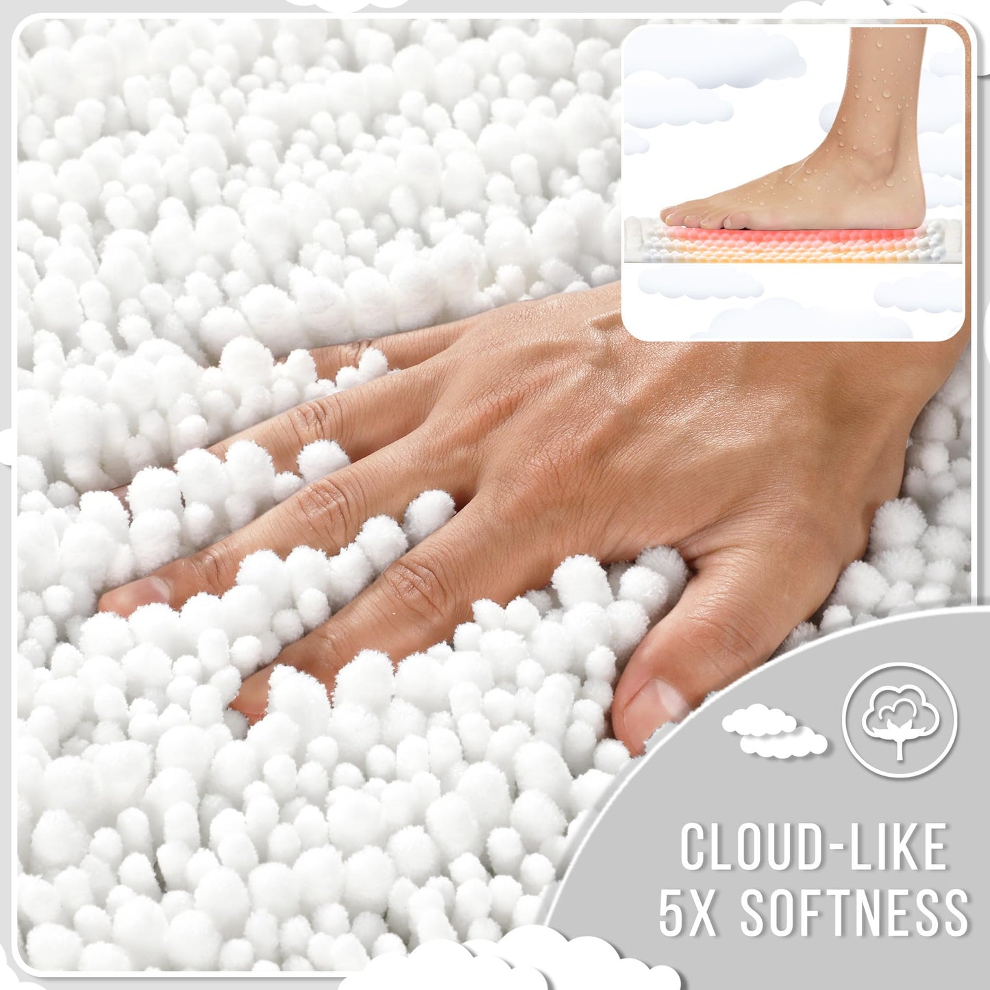 Yimobra Bathroom Rugs Sets 2 Piece - Quick Dry Extra Thick Luxury Chenille Bath Mat, Non Slip Super Absorbent for Tub Shower Sink, Machine Washable Shaggy Floor Mat, 32"x20"+24"x17" Inch, White