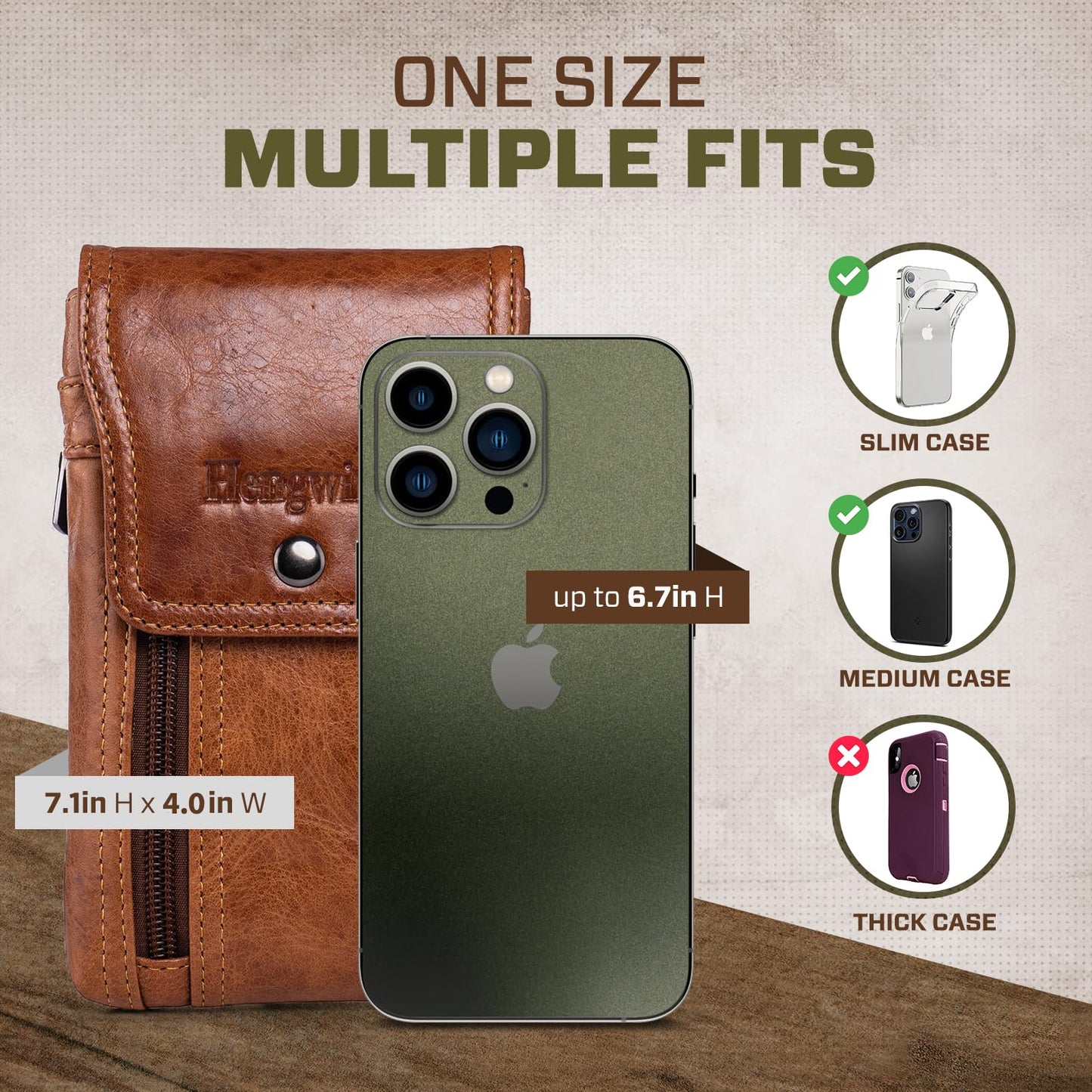 Hengwin Phone Holster Belt Case with Belt Clip, Genuine Leather Belt Pouch Cell Phone Holder Fit for iPhone 16 Plus 15 Pro Max 14 Pro Max Samsung Galaxy S25 Plus (Fit Cellphone with Case On) (Brown)