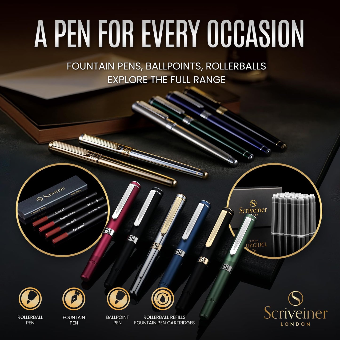 Scriveiner Silver Chrome Ballpoint Pen - Stunning Luxury Pen, Real Gold Plating, Schmidt Black Refill, Best Ball Pen Gift Set for Men & Women, Professional, Executive, Office, Nice, Fancy Pens