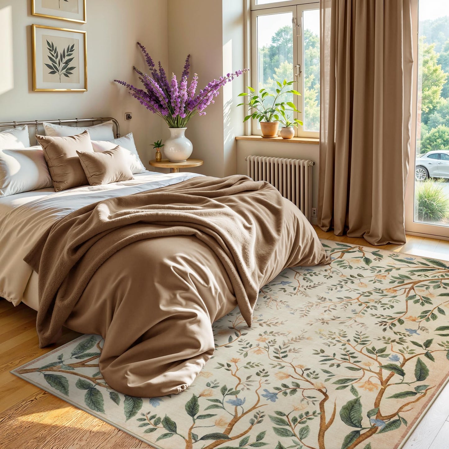 Collive Washable Area Rugs for Living Room, Beige 5x7 Bedroom Rug, Floral Forest Botanical Flourishing Vines Soft Non-Slip Stain Resistant Boho Carpet for Dining Room Office