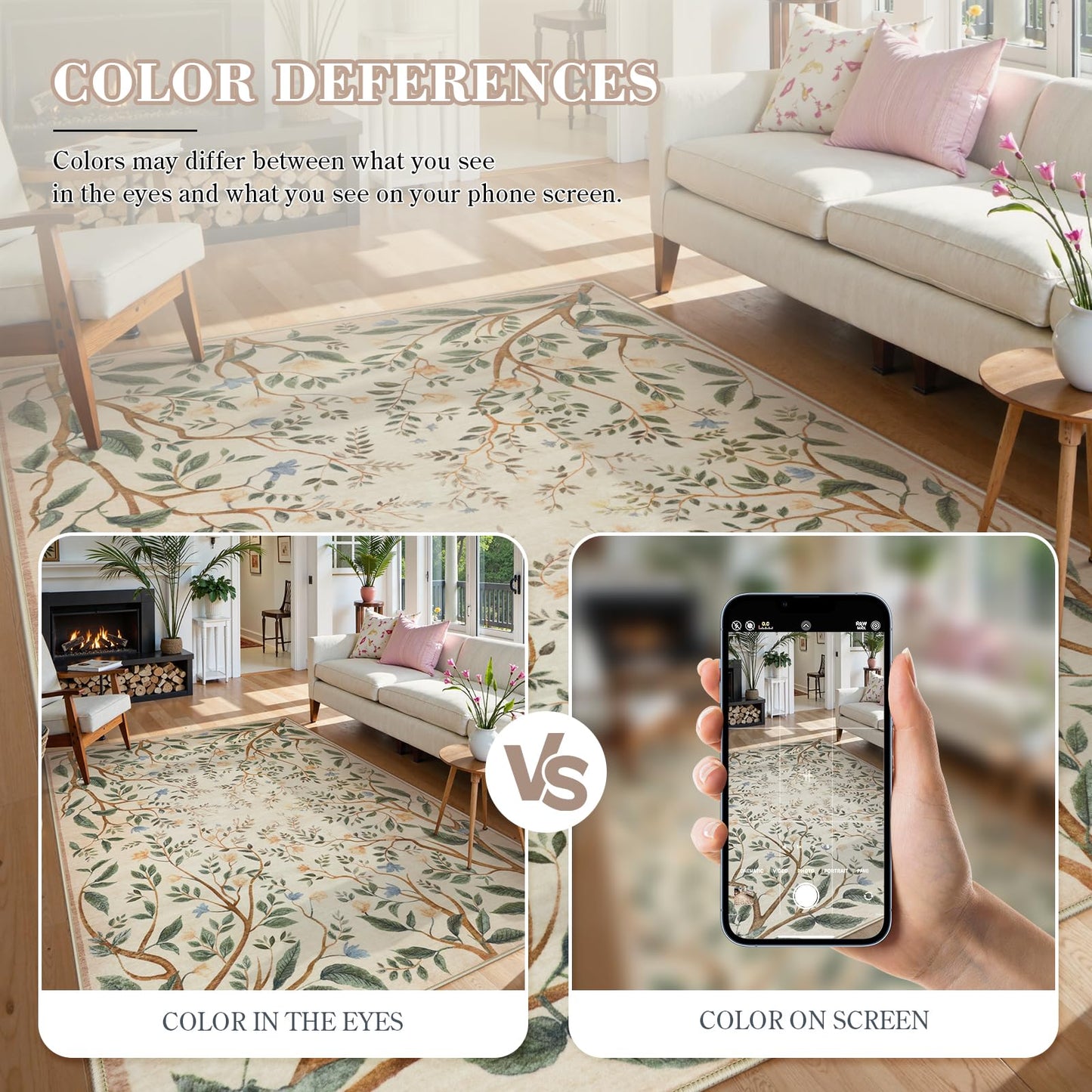Collive Washable Area Rugs for Living Room, Beige 5x7 Bedroom Rug, Floral Forest Botanical Flourishing Vines Soft Non-Slip Stain Resistant Boho Carpet for Dining Room Office