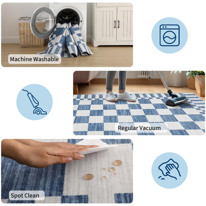 GarveeHome Dark Blue Checkered Rug 5×7 Area Rugs for Living Room，Non-Slip Washable Rug Soft Low-Pile, Neutral Modern Farmhouse Geometric Rugs for Bedroom Dining Room Office