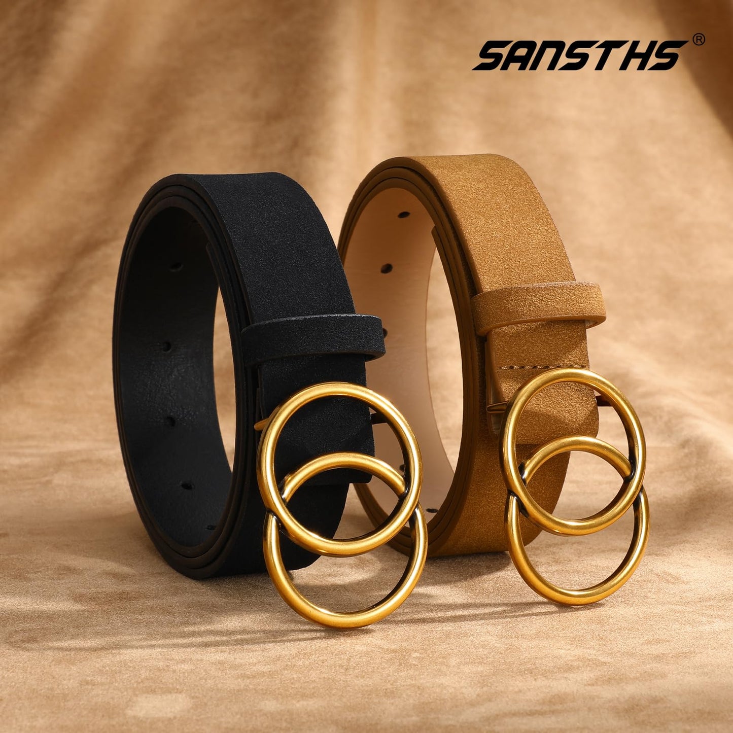 SANSTHS 2 Pack Women Leather Belts Faux Leather Jeans Belt with Double O Ring Buckle, Black&Brown M