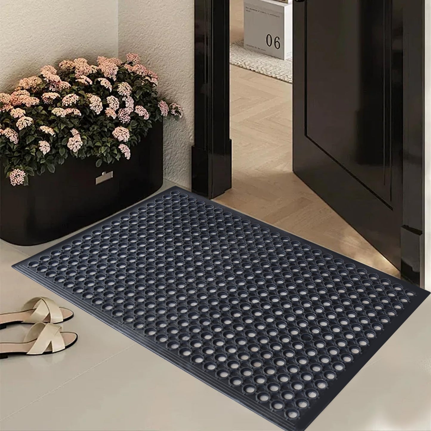 OrangeStar Anti-Fatigue 4-Pack Rubber Floor Mat, 24”x36” Restaurant Kitchen Commercial Drainage Mats, Non-Slip Door Mat w/Holes for Indoor Outdoor Bar Pool, Black