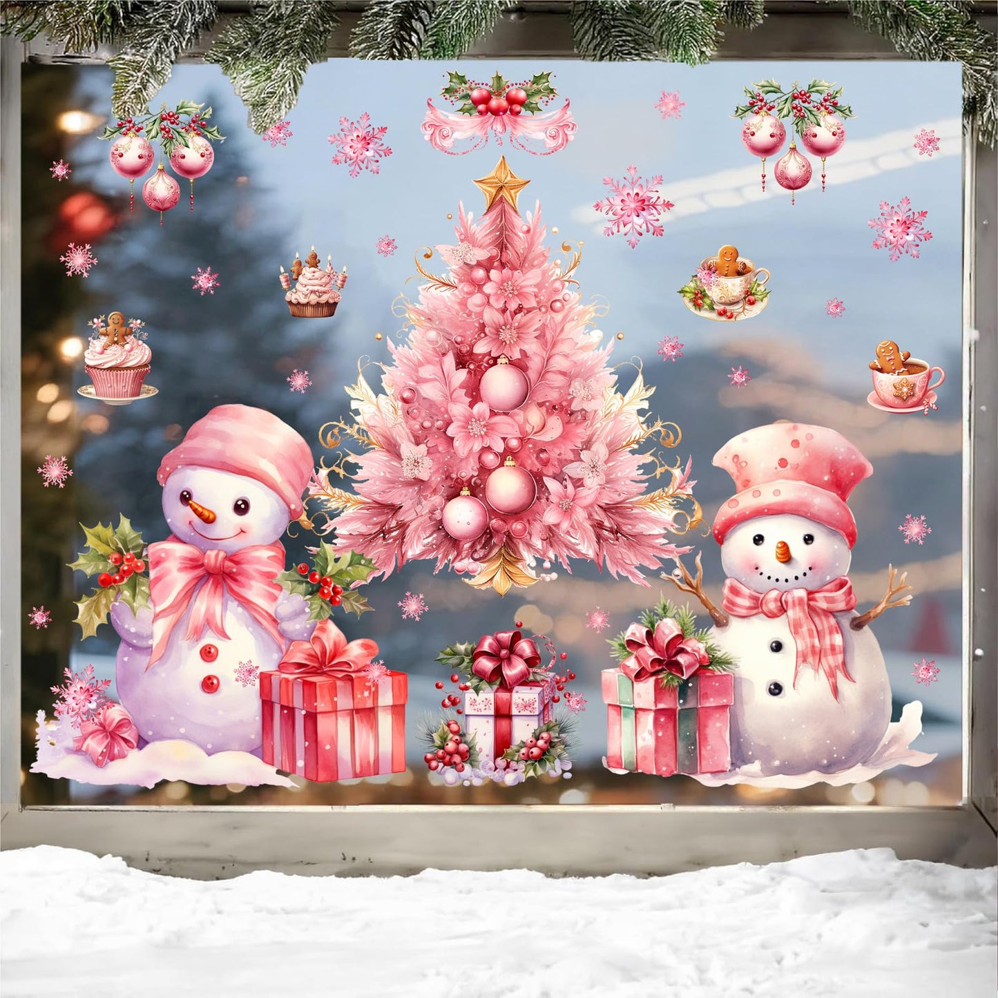 Pink Christmas Window Clings Removable Snowman Static Decals Indoor Home Decoration Double-Sided Xmas Tree Stickers for Glass Winter Pine Tree Snowflakes Cling for Living Room Holiday Party Supplies