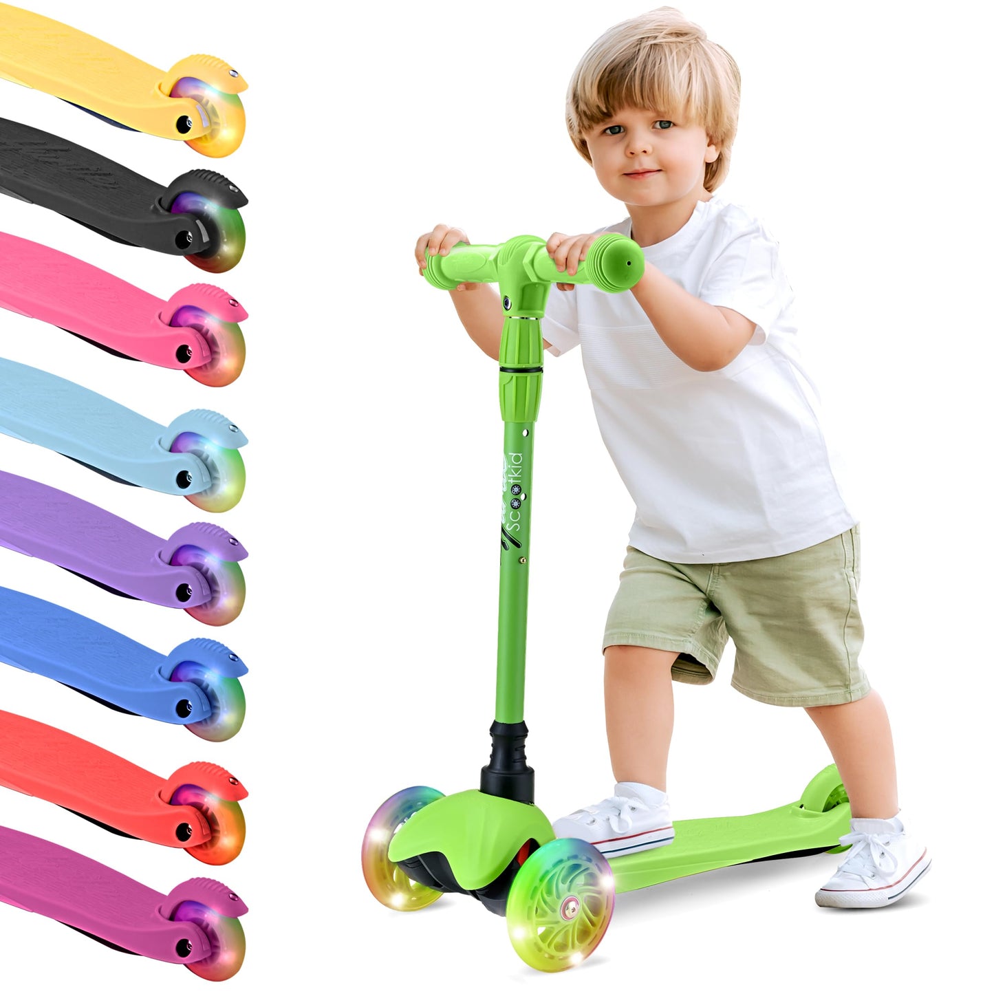 Hurtle Toddler Scooter, Adjustable Micro Scooter for Ages 2-5, Lightweight Kids 3 Wheel Design with LED Light-Up Wheels, Anti-Slip Deck & Lean-to-Steer Control, Indoor/Outdoor Use (Green)
