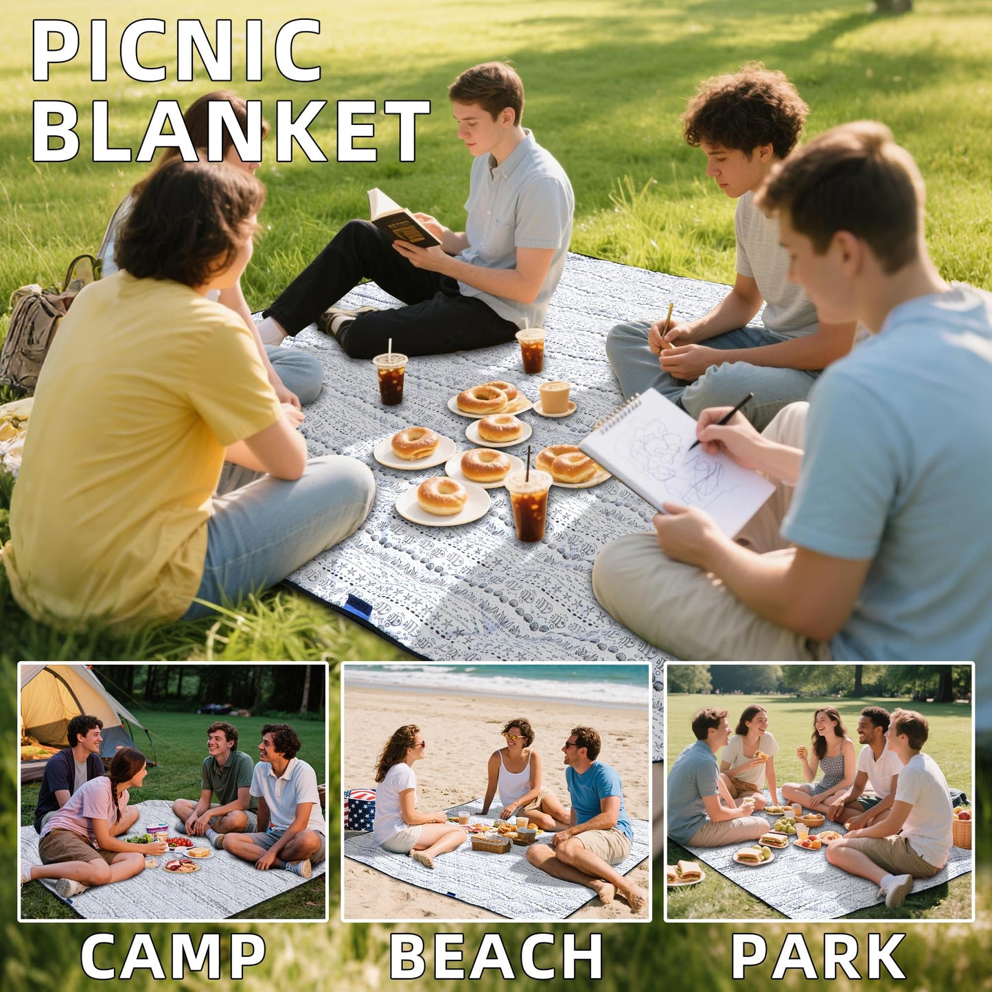 PICYALO 80x80” Double Thickened Picnic Blankets(150g High Density Cotton Stuffed) White Fish Pattern Outdoor Picnic Mat Portable Picnic Blanket Foldable with Leather Carry Strap Beach Blanket