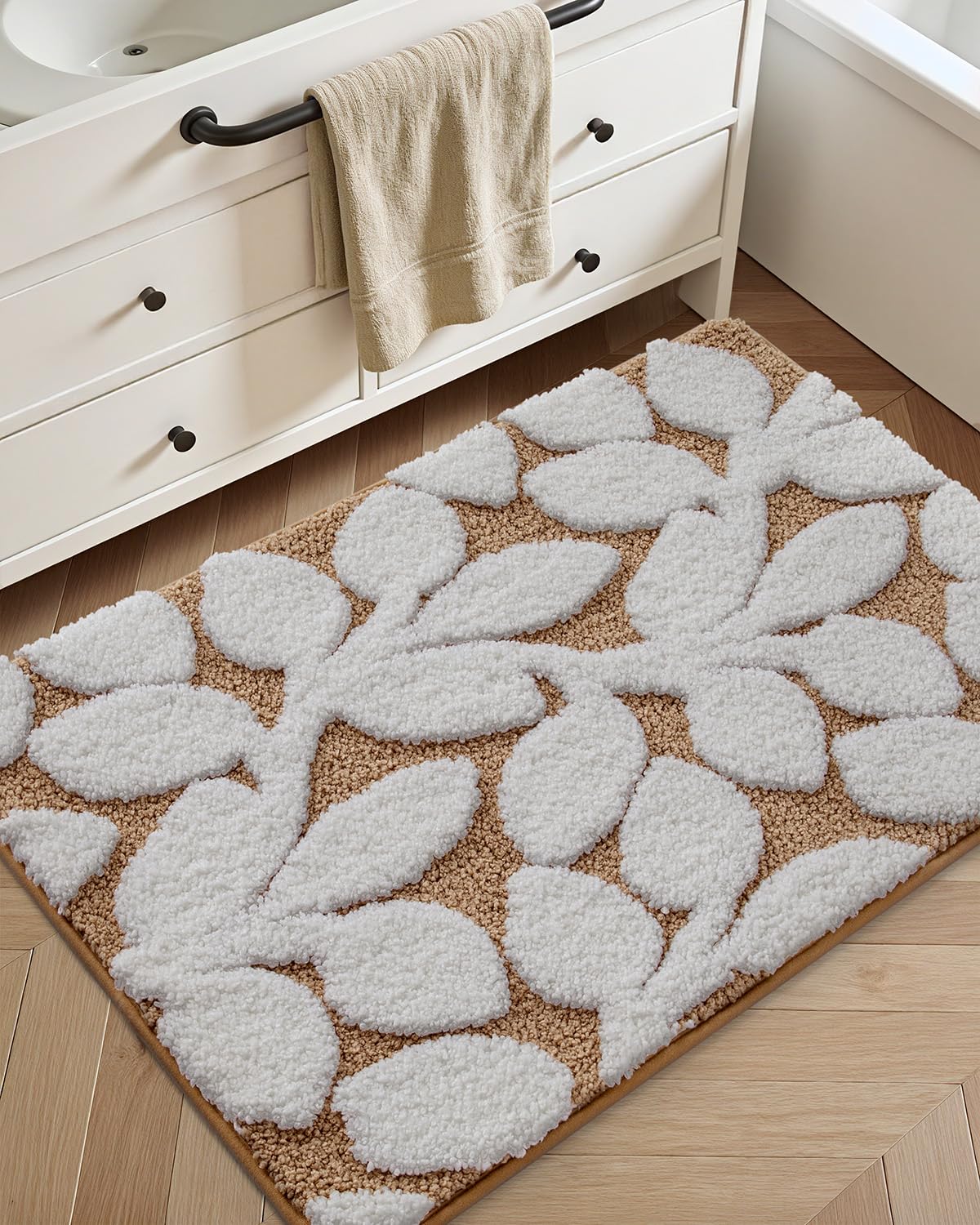 DEXI Bathroom Rugs 24x16, Boho White Leaf Bath Mat, Non Slip Washable Absorbent Quick Dry Bath Rugs, Extra Soft Plush Microfiber Bathmat for Shower Floor, Tub, Sink, Brown