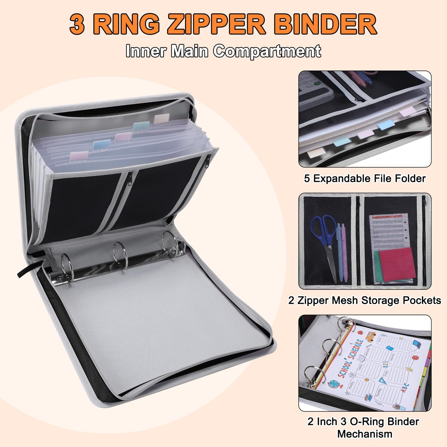 Ndsox Zipper Binder 3 Ring with Handle, 2 Inch O-Ring Document Organizer Middle School Binder with Zipper for Students, 5-Tab Expanding File Folder & 2 Mesh Pouches, DIY Clear Front Pocket, Black