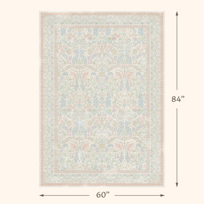 Washable Blue and Pink Rug 5x7 - Baby Girls Nursery Rug Non Slip, Soft Pastel Kids Playroom Decor Carpet, Light Blue and Green Oushak Floral Bedroom Living Room Dorm Carpet (Green and Pink)