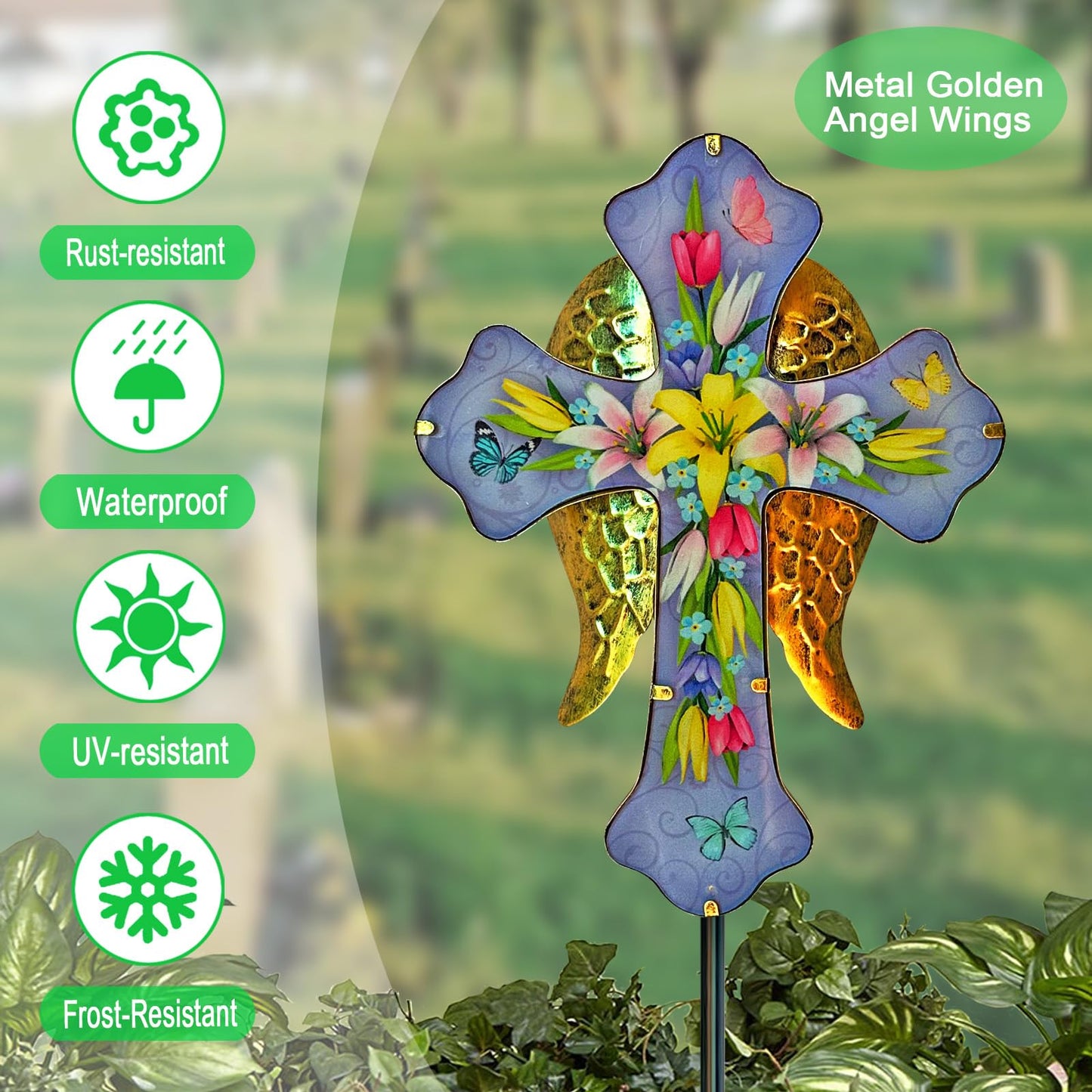 Solar Cross Garden Stakes for Graves,Lily Cemetery Decorations Yard Patio Decor,Golden Angel Wings Cross Lights Outdoor,Remembrance Gifts