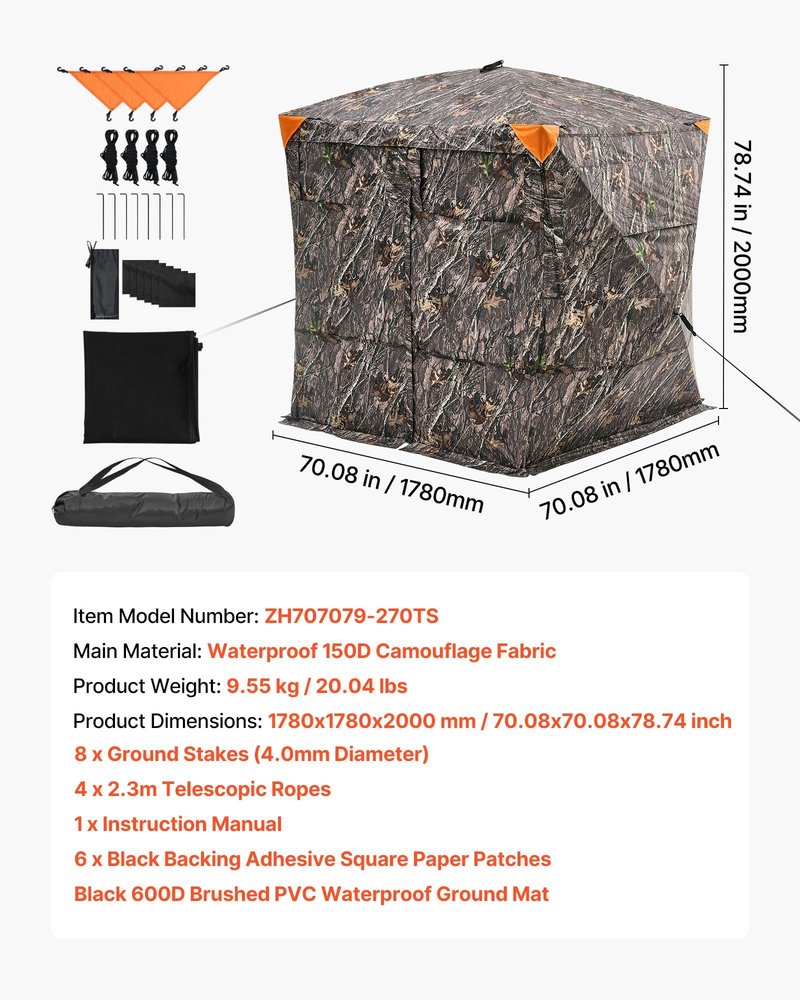 VEVOR Hunting Blind, 4-5 Person See Through Ground Blinds with Carrying Bag, 270 Degree Portable Camouflage Tent, Durable Concealed Shelter with Silent Magnetic Door and Window, for Turkey and Deer