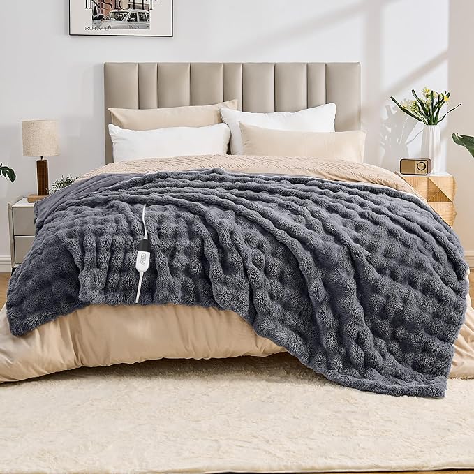 Heated Blanket Electric Throw Blanket 72''X 84''-Heating Blanket with 6 Heat Settings-10 Hours Auto Off,Cozy Faux Rabbit Fur Bubble Electric Blanket,Dark Gray