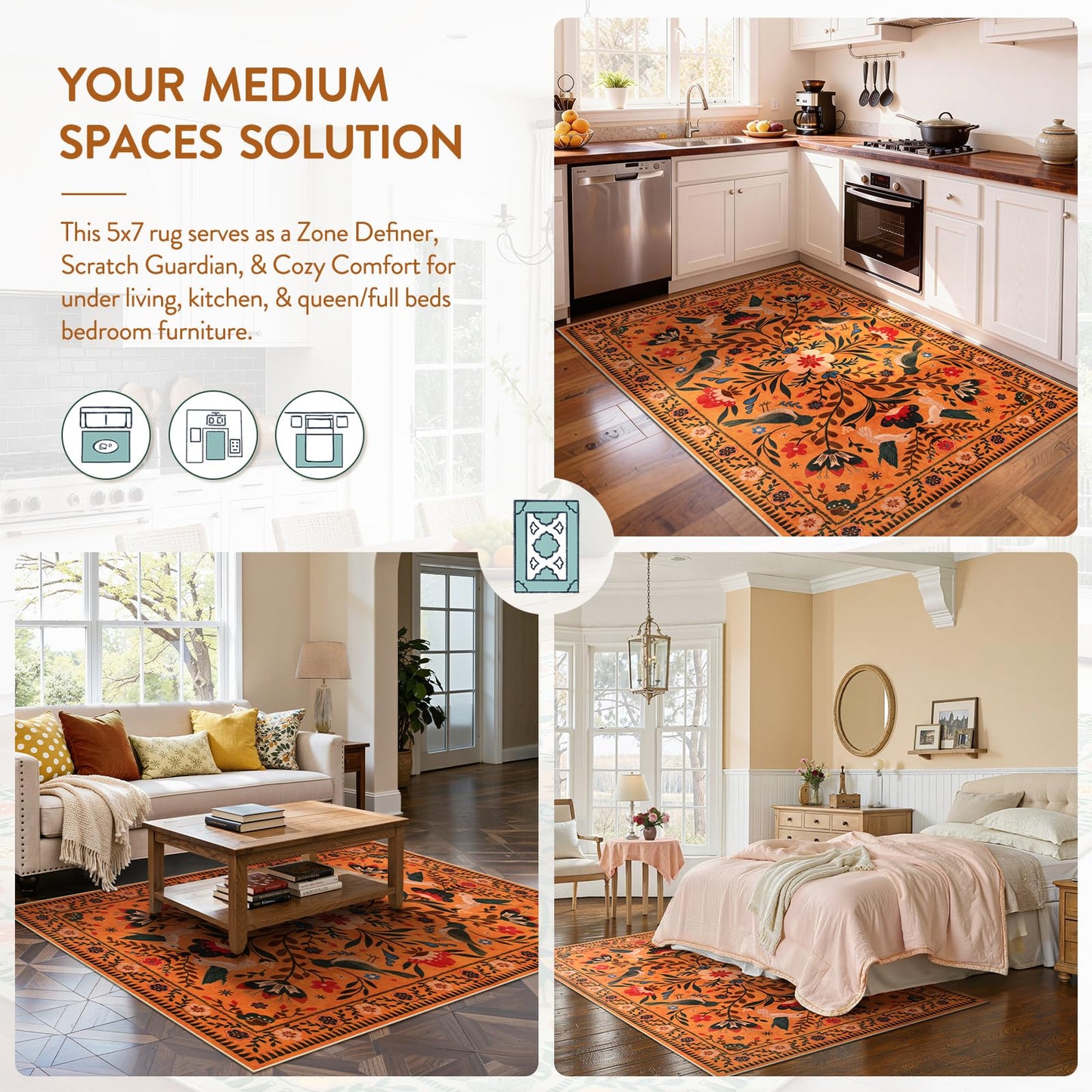 Moynesa Bedroom Rug 5x7, Washable Bohemian Scandinavian Orange Area Rugs for Living Room Dining Room Reading Coner, Modern Country Floral Bird Carpet, Fall Home Decor Non-Slip Protection