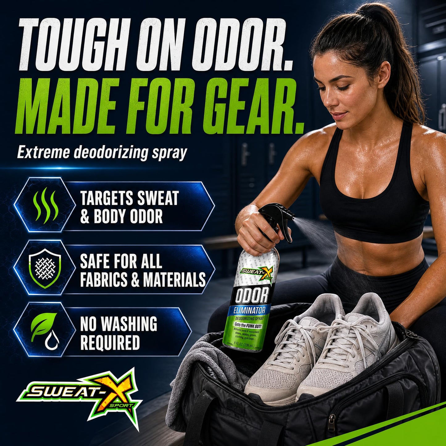 Sweat X Sport Extreme Odor Spray – Multipurpose Deodorizer for Stinky Shoes, Clothes, Sports Equipment & All Fabrics – Concentrated Formula, No Washing Required - Active Fresh Scent – 8 Fl Oz