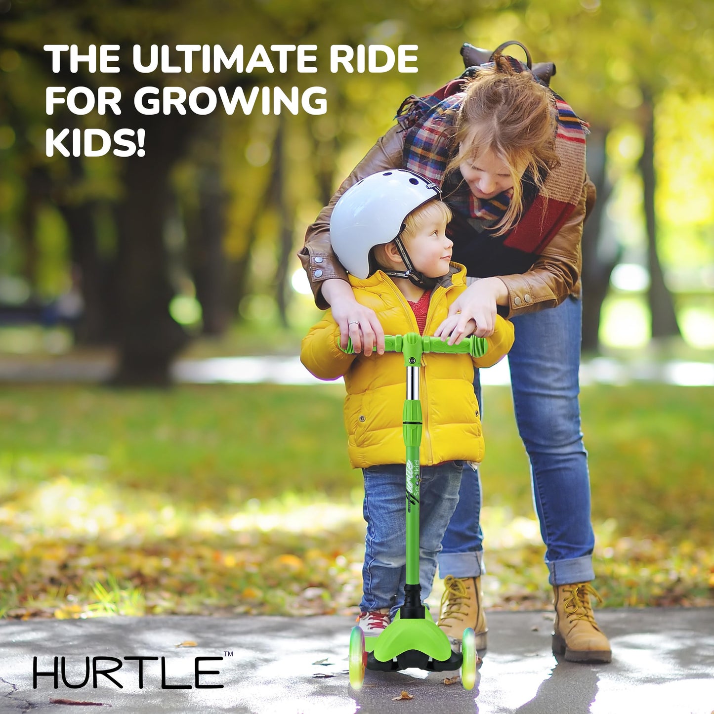 Hurtle Toddler Scooter, Adjustable Micro Scooter for Ages 2-5, Lightweight Kids 3 Wheel Design with LED Light-Up Wheels, Anti-Slip Deck & Lean-to-Steer Control, Indoor/Outdoor Use (Green)
