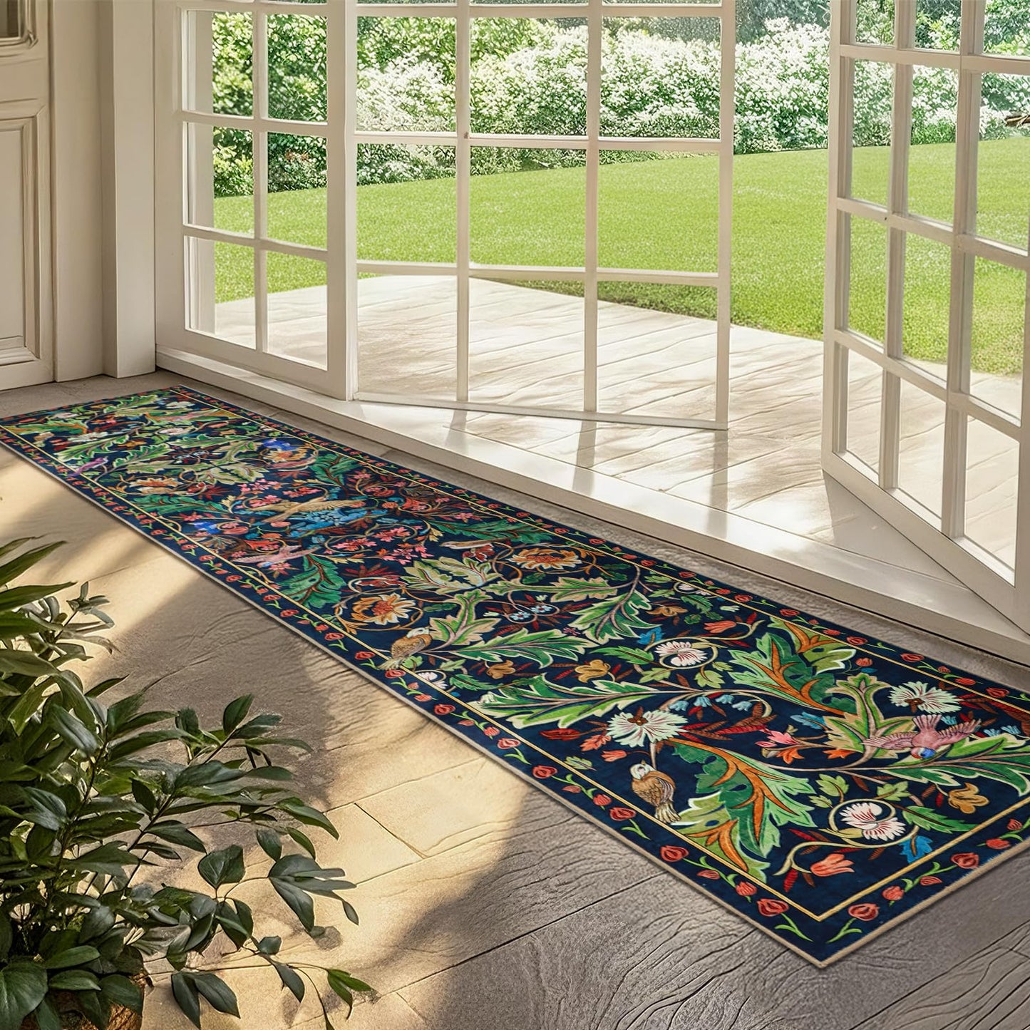 nesrt Botanical Runners for Hallways Kitchen Rug Non Slip 2x10, Long Washable Boho Jungle Runner Rugs, Soft Floral Forest Birds Carpet Runner for Hall, Laundry, Bedroom, Bathroom (Dark Green)