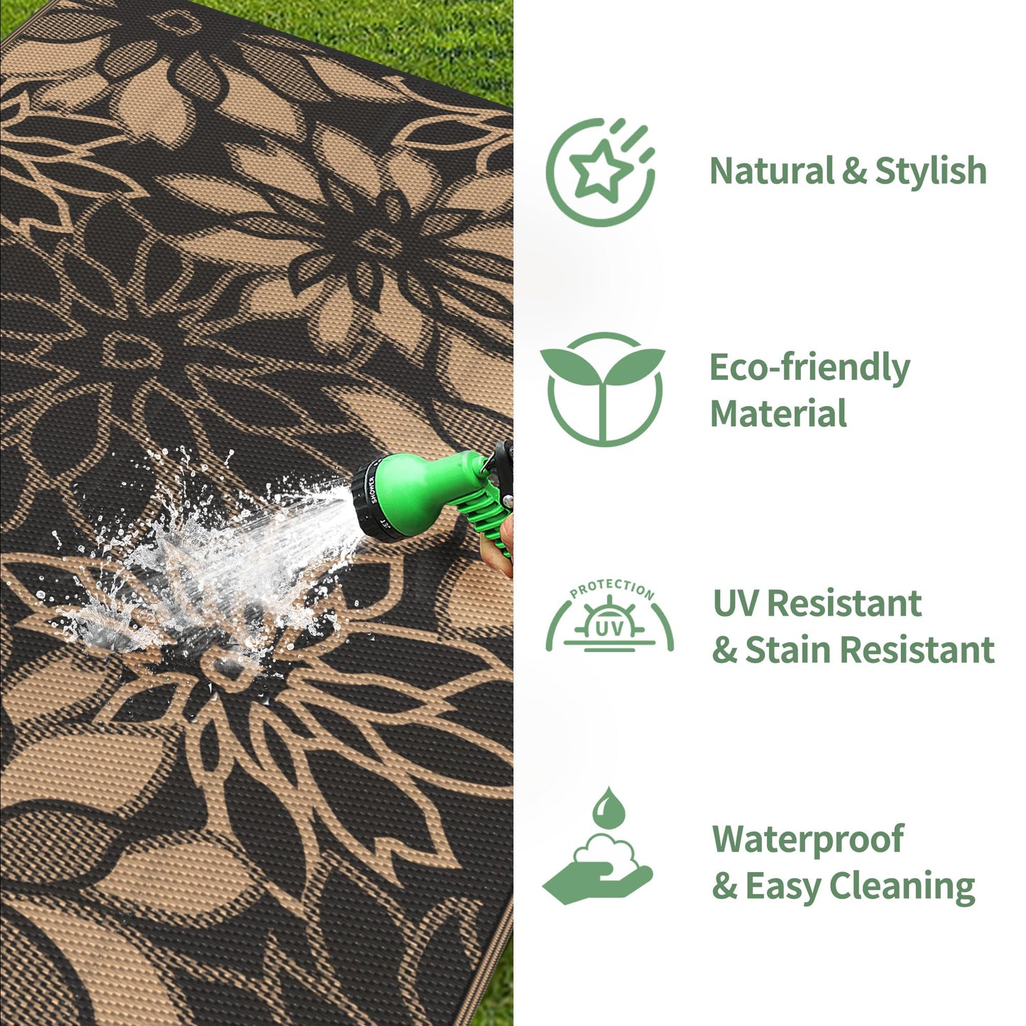 GENIMO Outdoor Rug Waterproof for Patio Decor, 5' x 8' Reversible Plastic Straw Floral Camping Carpet, Large Area Rugs Mats for RV, Camper, Deck, Balcony, Porch, Beach, Picnic, Black & Brown