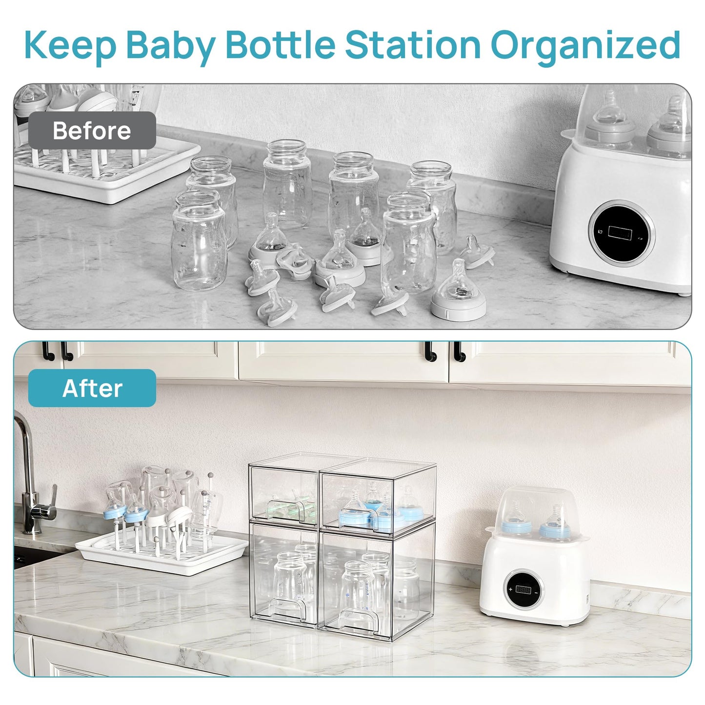 Vtopmart Stackable Storage Drawers Set of 5, Clear Plastic Organizer Bins for Baby Bottle, Beauty Supplies Storage, Ideal for Kichen Countertop, Vanity, Bathroom, Cabinet, Pantry Organization