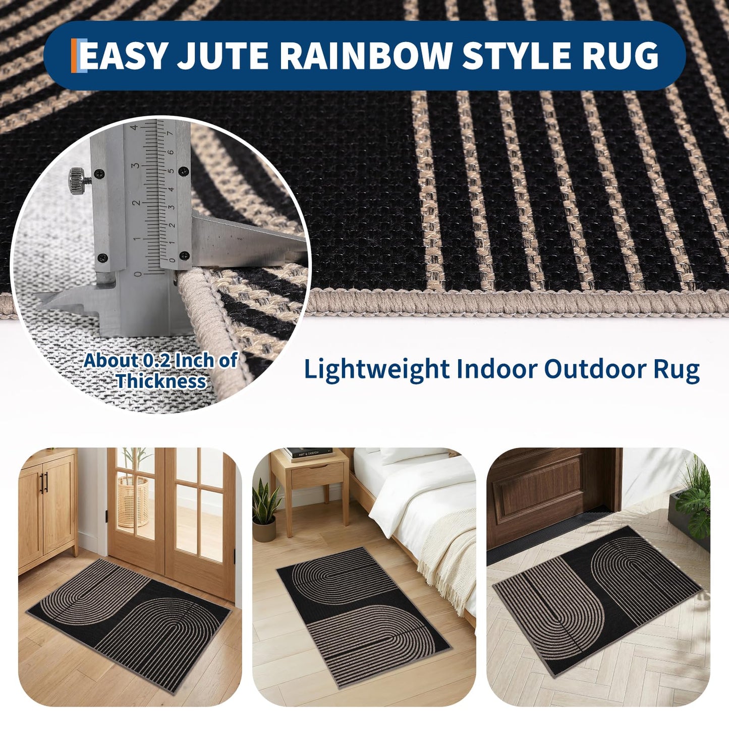 GarveeHome Modern Rainbow Easy Jute Rug, 2x3 Entryway Rug Indoor Outdoor Front Door Mat Neutral Non Slip Non Shedding Washable Farmhouse Kitchen Mat