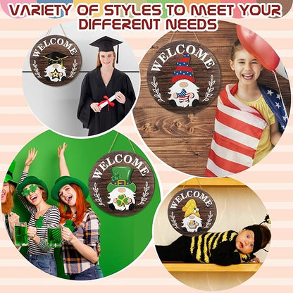 Qunclay Interchangeable Wooden Gnome Decor Holiday Seasonal Gnome Decorations with Magnet Pieces and Detachable Hats Changeable Welcome Sign for Home(Attractive Style)
