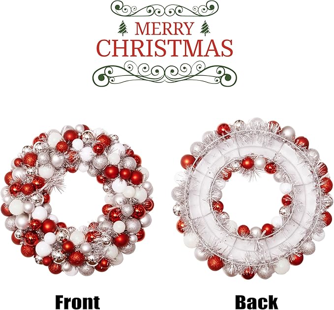 Amooca 16in Christmas Ball Wreath with LED Lights Front Door Window Decorative Hanging Ornaments Table Centerpiece Holiday Party Home Decoration Red White Silver