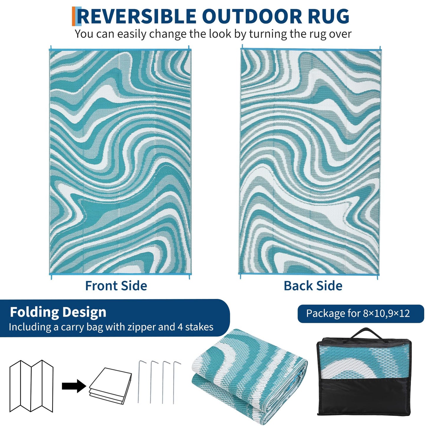 Garvee Large Modern Outdoor Rug 9x12 Patio Rugs Outdoor Waterproof Reversible Plastic Straw Camping Rug, Abstract Outside Rugs for Picnic Backyard Deck Balcony Porch Beach Trailer, Light Blue
