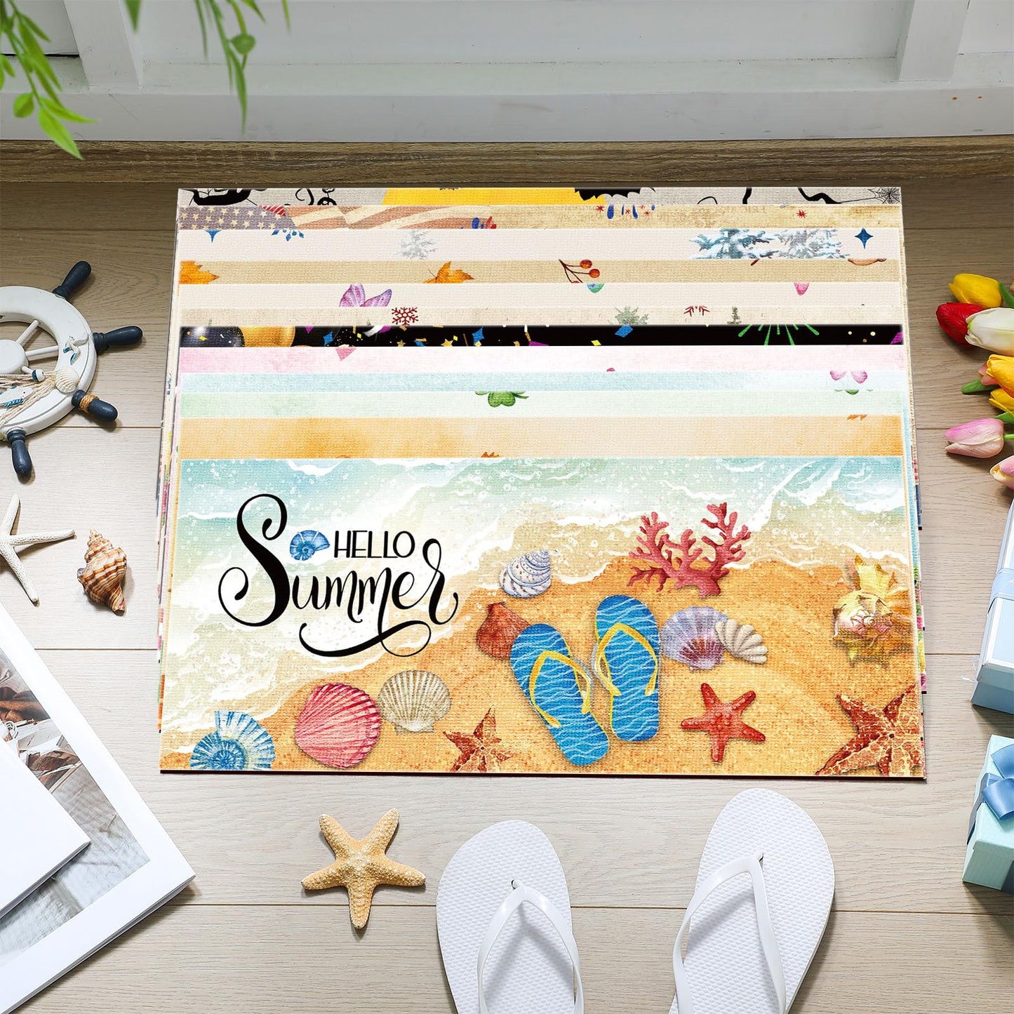 Tinideya 12 Pcs Seasonal Welcome Doormats 10 x 22 Inches Cute Seasonal Summer Independence Day Fall Doormats Decorative Festival Indoor Outdoor Non Slip Mats for All Holidays(Classic Style)