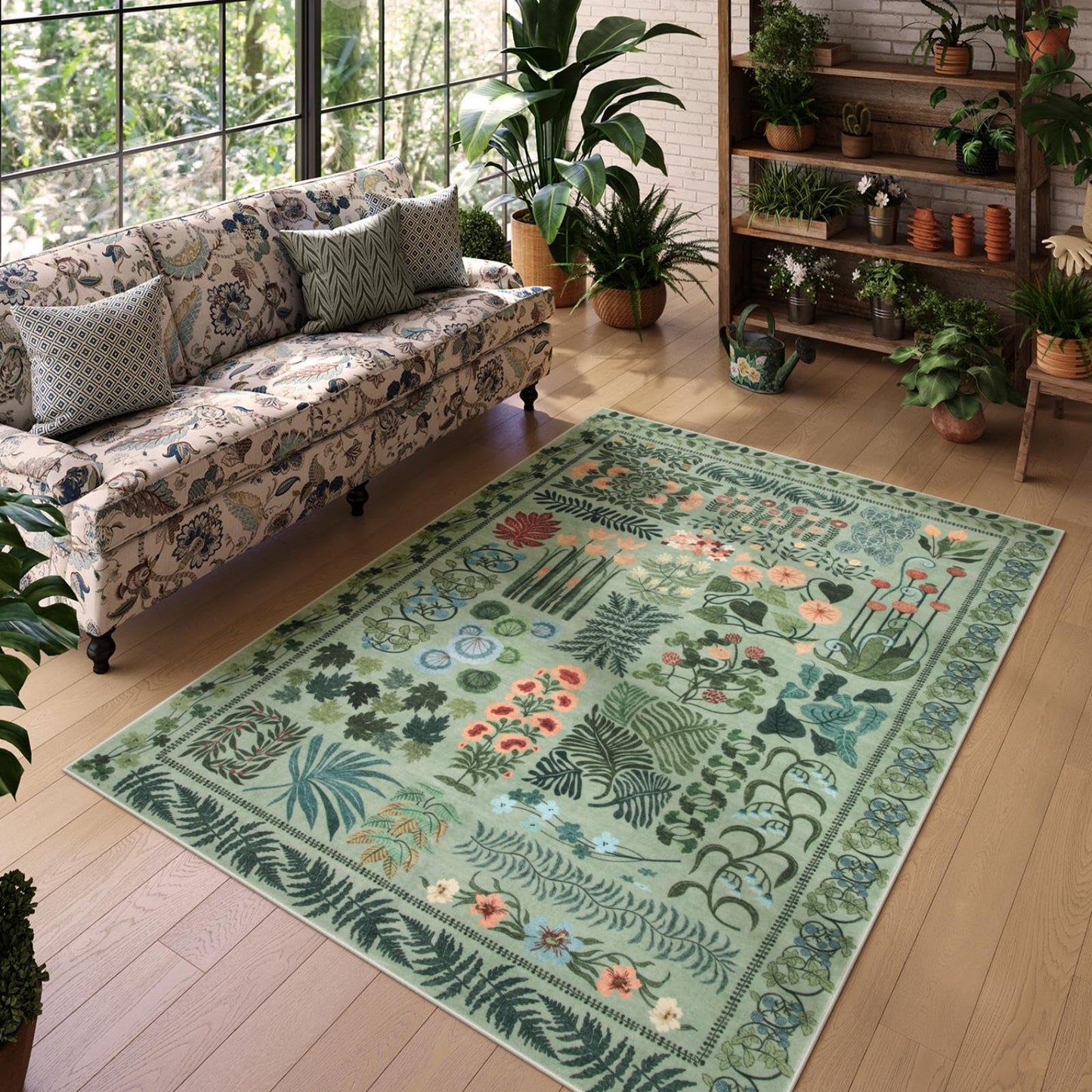 Zealude Floral Boho Washable 5x7 Area Rug for Living Room, Green Botanical Rug for Bedroom Dining Room Low Pile Non Slip, No Shed Large Carpet for Home Office Decor