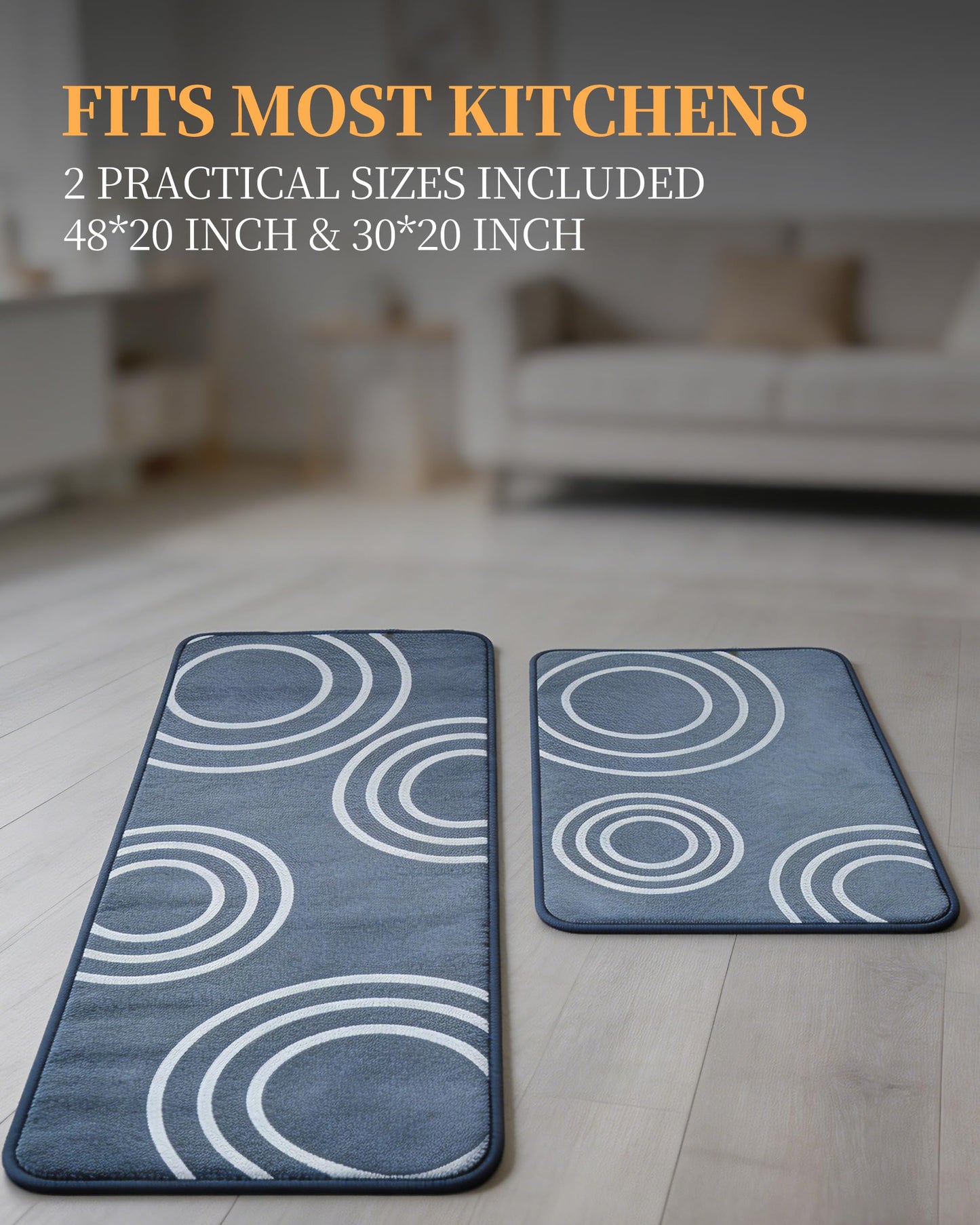 Washable Kitchen Rug Set of 2 Non Slip Runner Rug and Mat Blue Circle