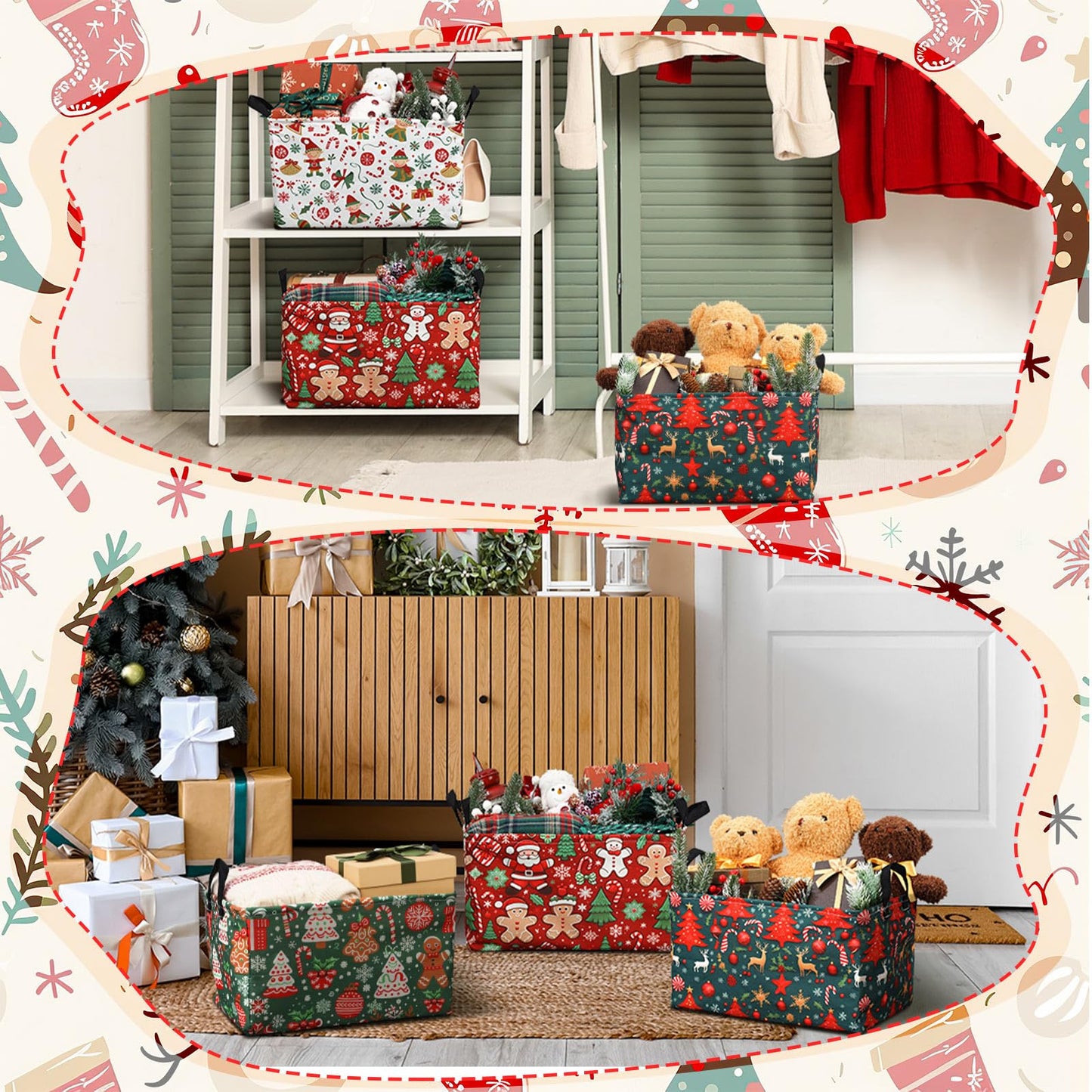 Bulyoou 4pcs Christmas Storage Basket Fabric Laundry Baskets with Handle Xmas Foldable Organizer Boxes for Office Home Baby Cloth Toy Book 15 x 10 x 8(Retro)