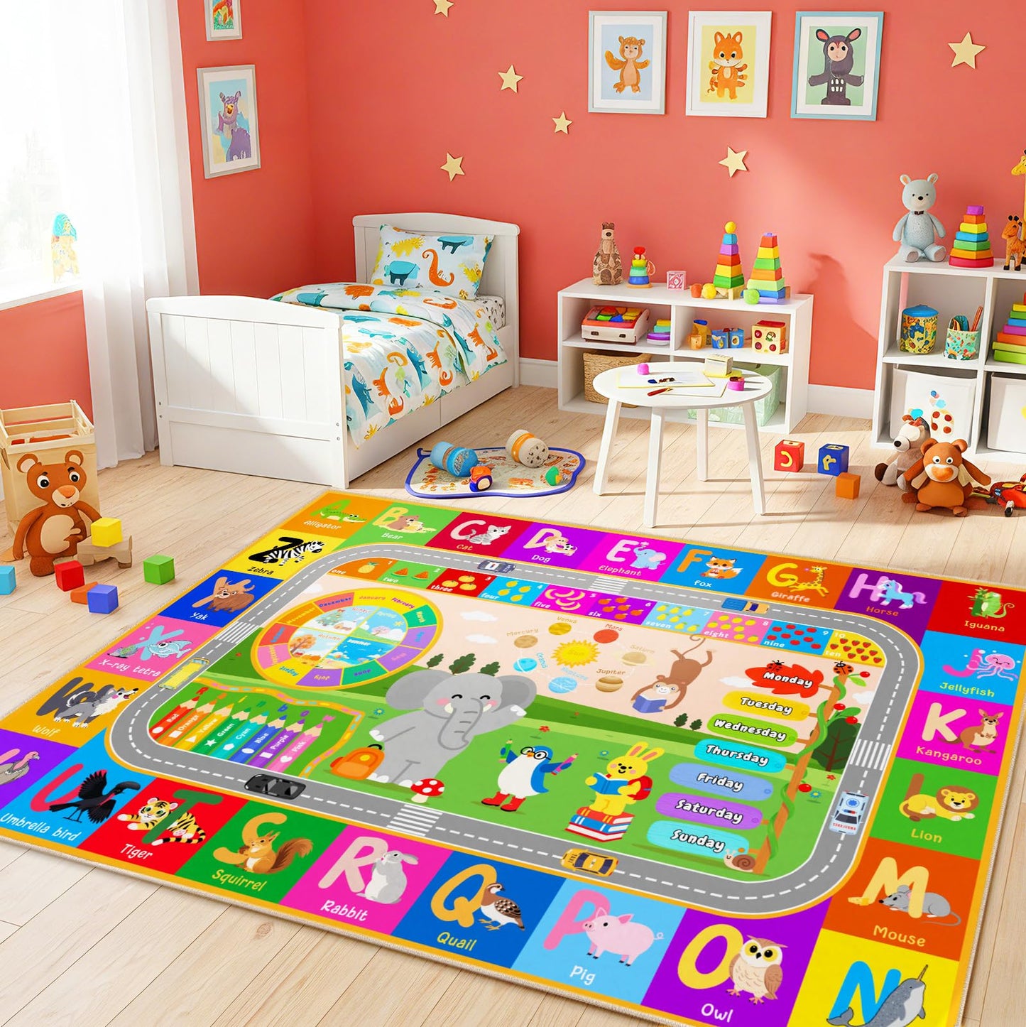 Pionblank Kids Rug for Playroom Classroom, 5x7 Area Rugs Playmat for Learning Animal Alphabet Fruit Numbers Color Season Month,Washable Non Slip Carpet for Toddler Nursery