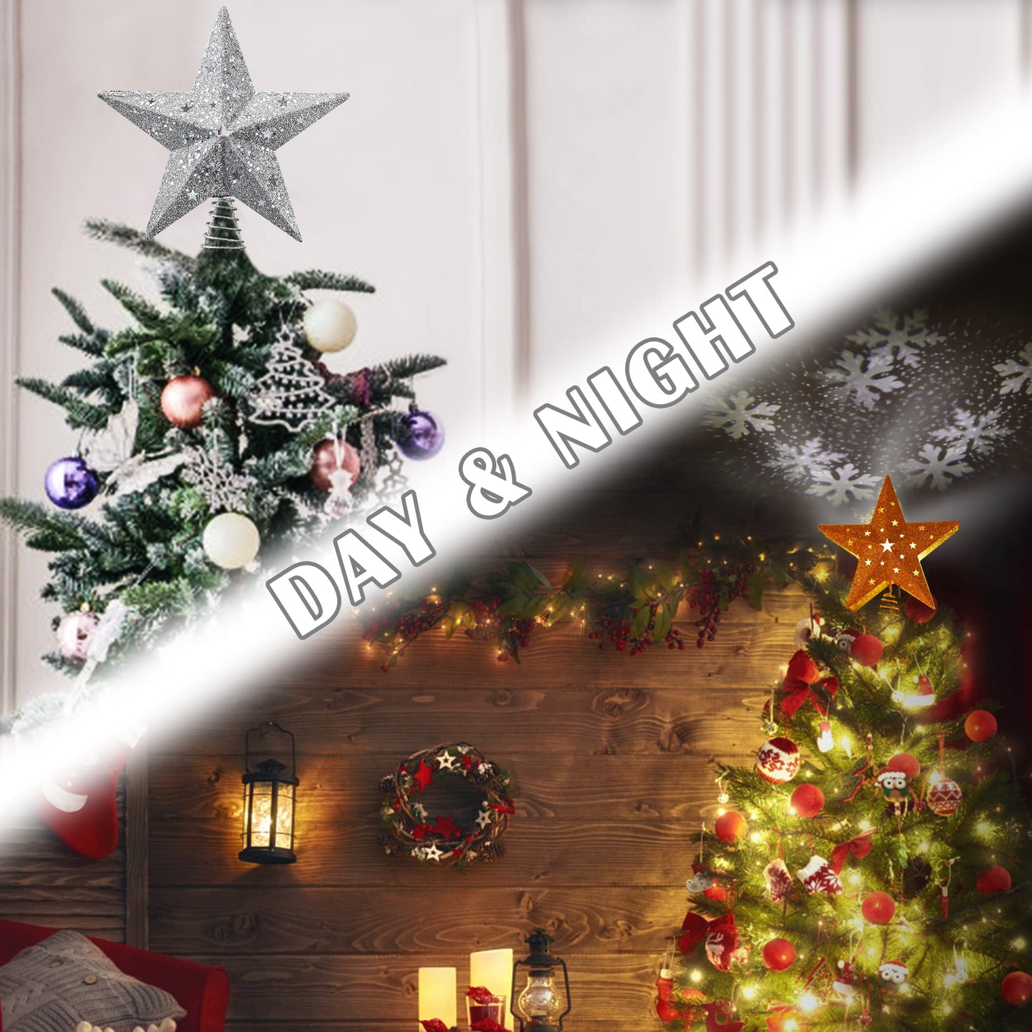 IPOW LED Snowflake Projector Star Christmas Tree Topper, 11.3 Inch Silver Glittered Star Treetop Lighted Rotating Snow Flake for Christmas New Year Holiday Decoration, Night Light Projector for Kids