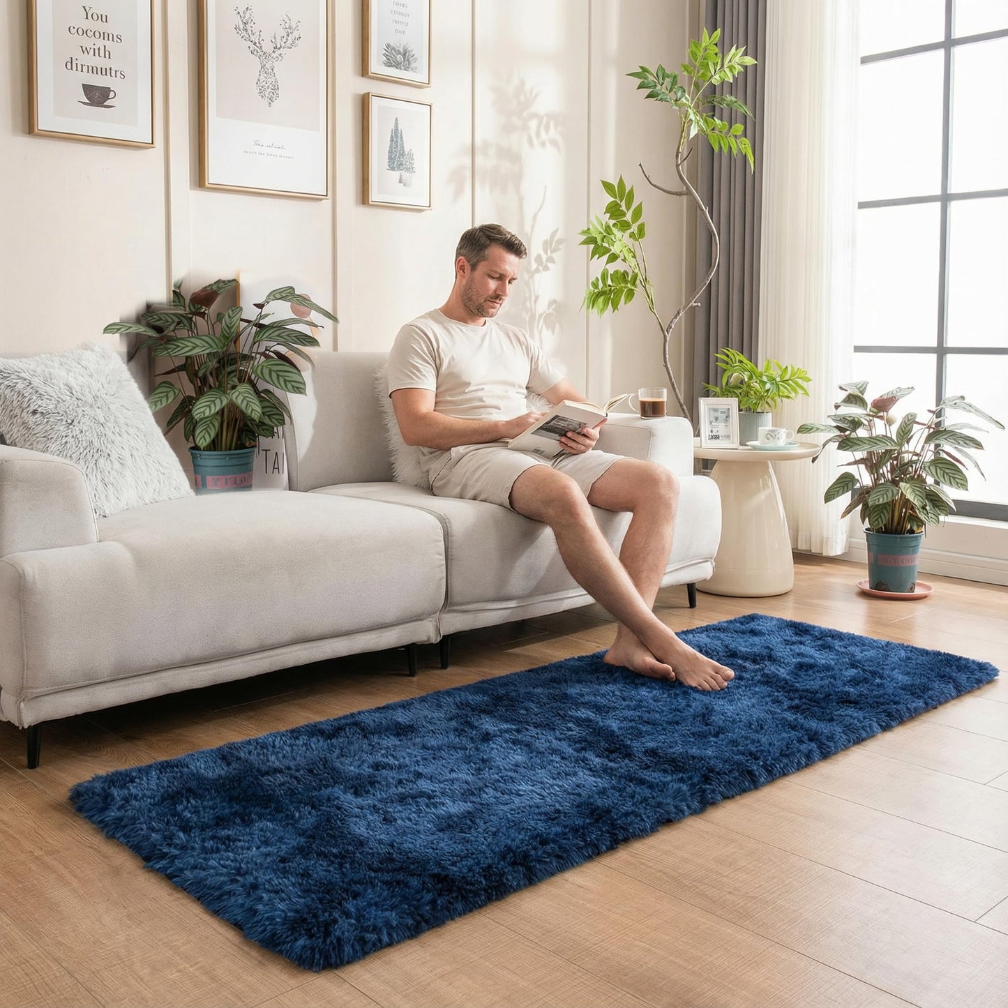 duduta Navy Blue Fluffy Plush Runner Rugs 2x6 ft Tie Dye Rectangle Shag Rug for Bedroom Dorm Living Room Kids Room, Machine Washable Anti-Slip