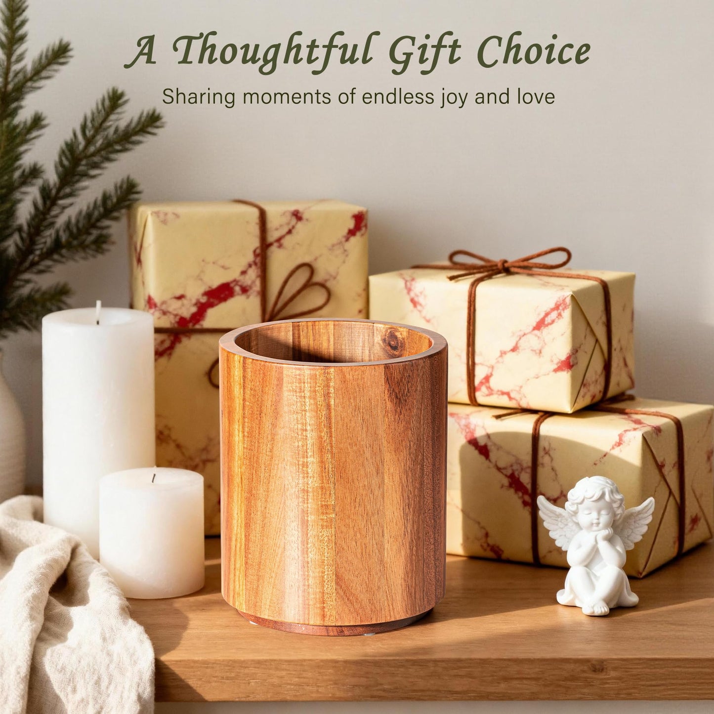 Criusia Utensil Holder 2 Pack, 360° Rotating Acacia Wood Cooking Utensil Crocks for Kitchen Counter, Farmhouse & Modern Decor, (1 Large,1 Small)