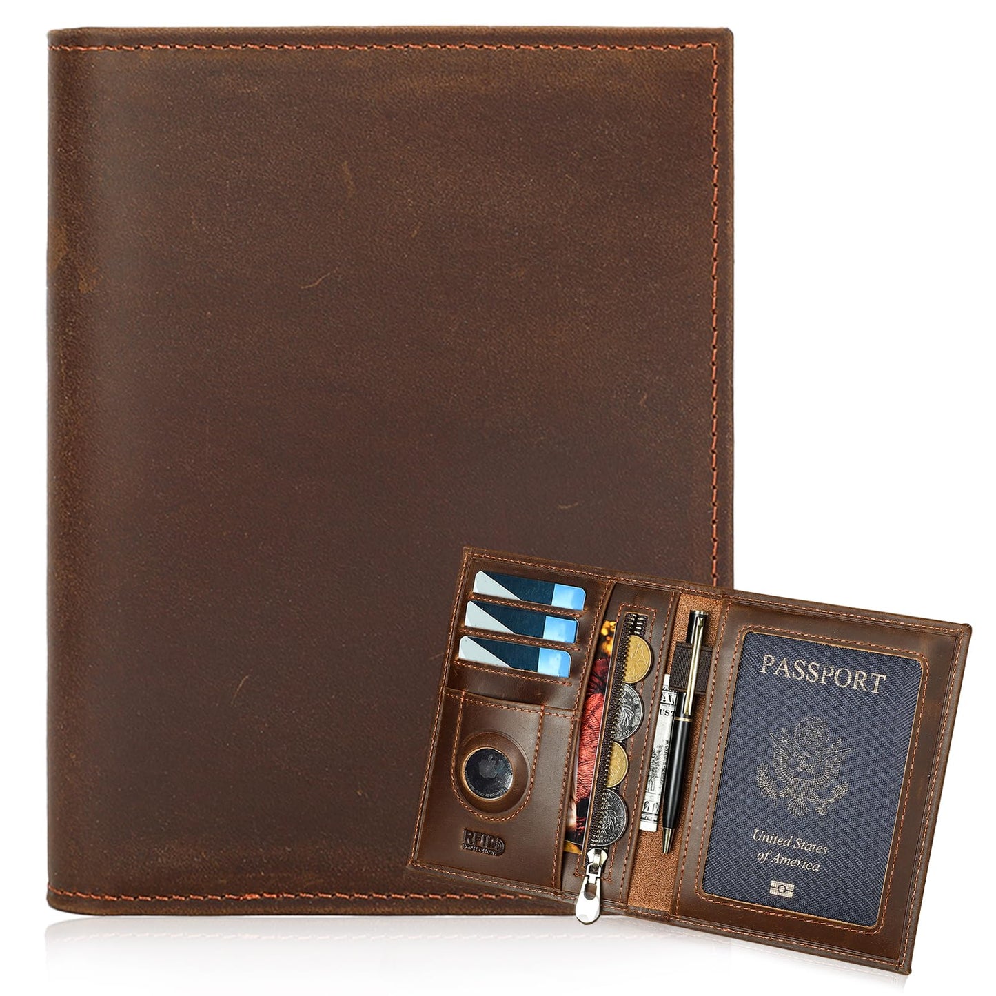 HIDO RFID Passport Holder for Men, Slim Leather Travel Wallet with Airtag Slot & RFID Blocking