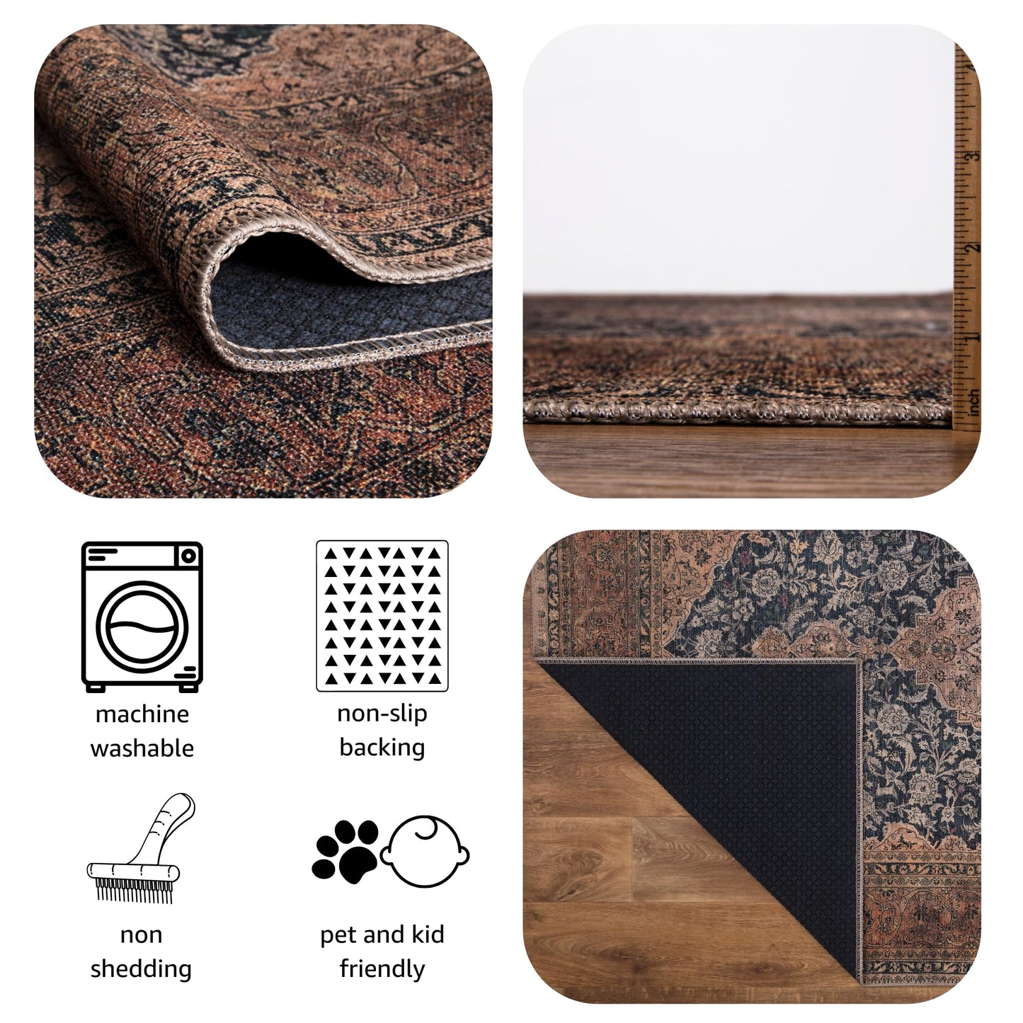 Keen Home Design 48"x72" Rug - Machine Washable Area Rug with Non-Slip Backing, Ideal for Living Room, Dining Room, Bedroom - Vintage, Easy Clean, Durable, Low Pile Rug - (4' x 6')