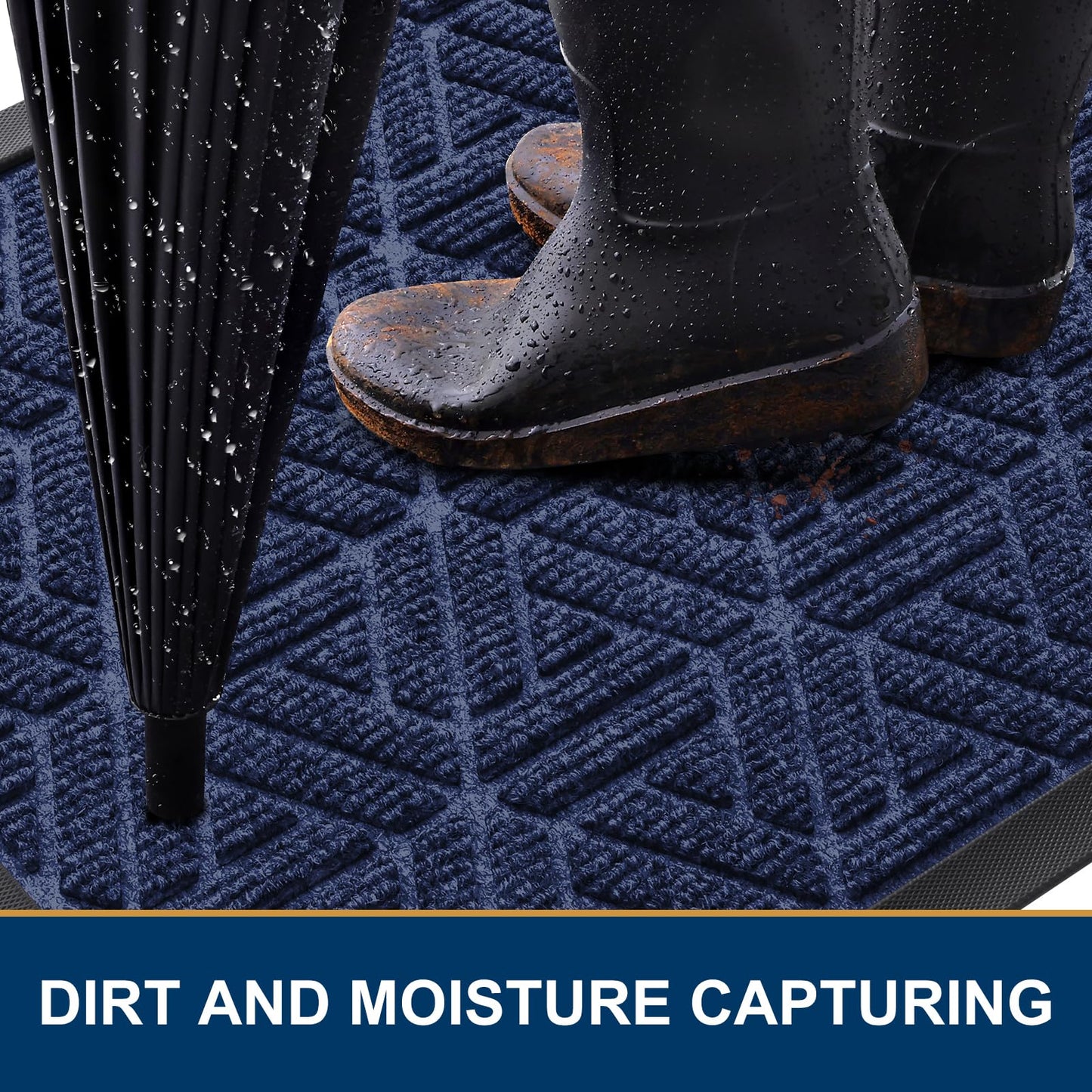 Smiry Front Door Mat Outside Entrance, Heavy Duty Sturdy Natural Rubber Doormat, Trap Dirt and Moisture, Easy Clean Low Profile Mats for Indoor Outdoor Entry, Grid Geometric (47x32, Navy Blue)