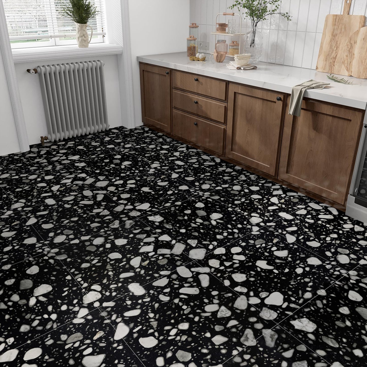 VaryStyle Waterproof Vinyl Flooring Terrazzo Peel and Stick Floor Tile 12"x12" Black and White Vinyl Floor Tiles Self Adhesive Removable Stick on Tile for Kitchen Basement Bathroom Flooring 6-Sheet