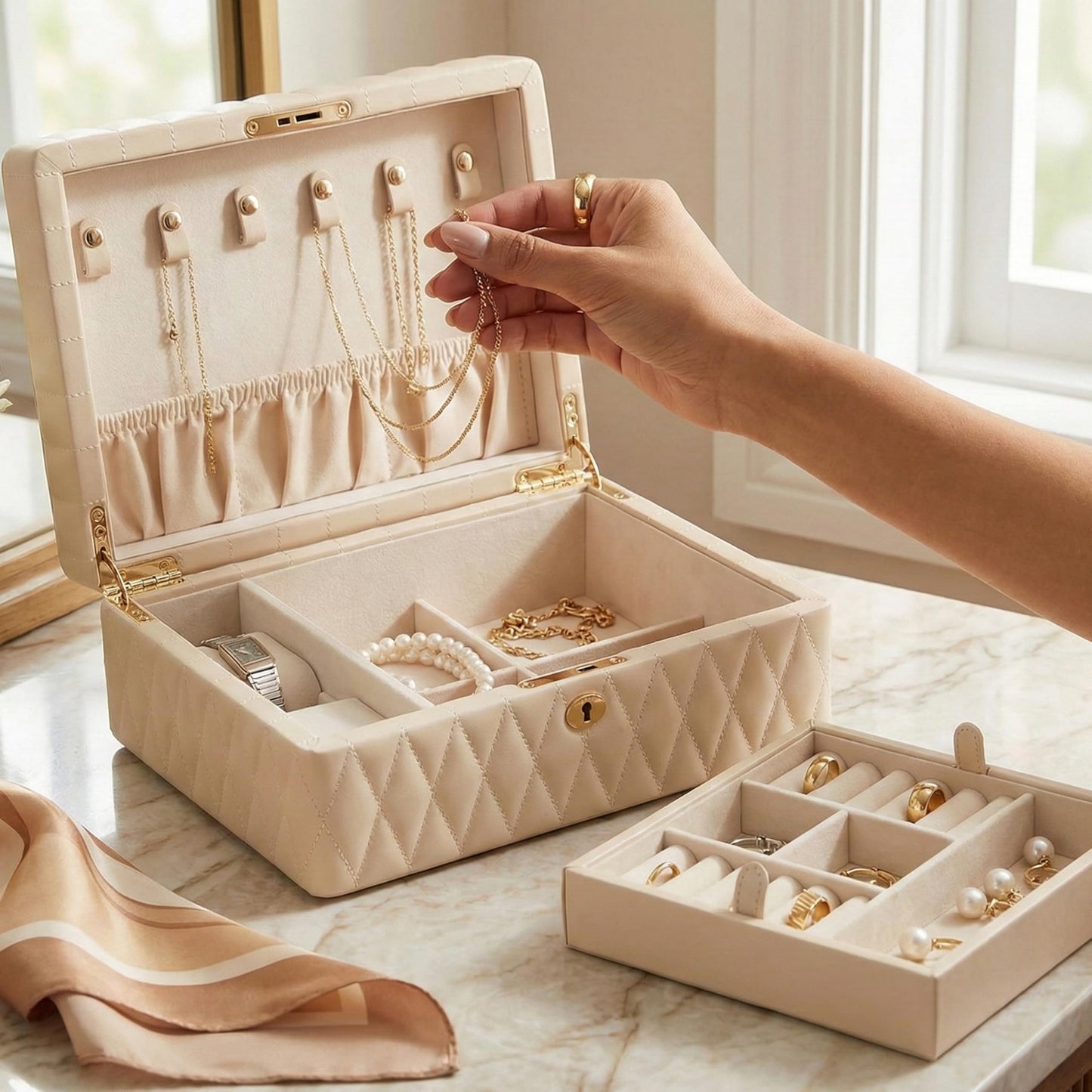 Bey-Berk Diamond-Quilted Leather Travel Jewelry Box, Cream, Locking Organizer with Necklace Hooks, Ring Rows and Watch Compartment